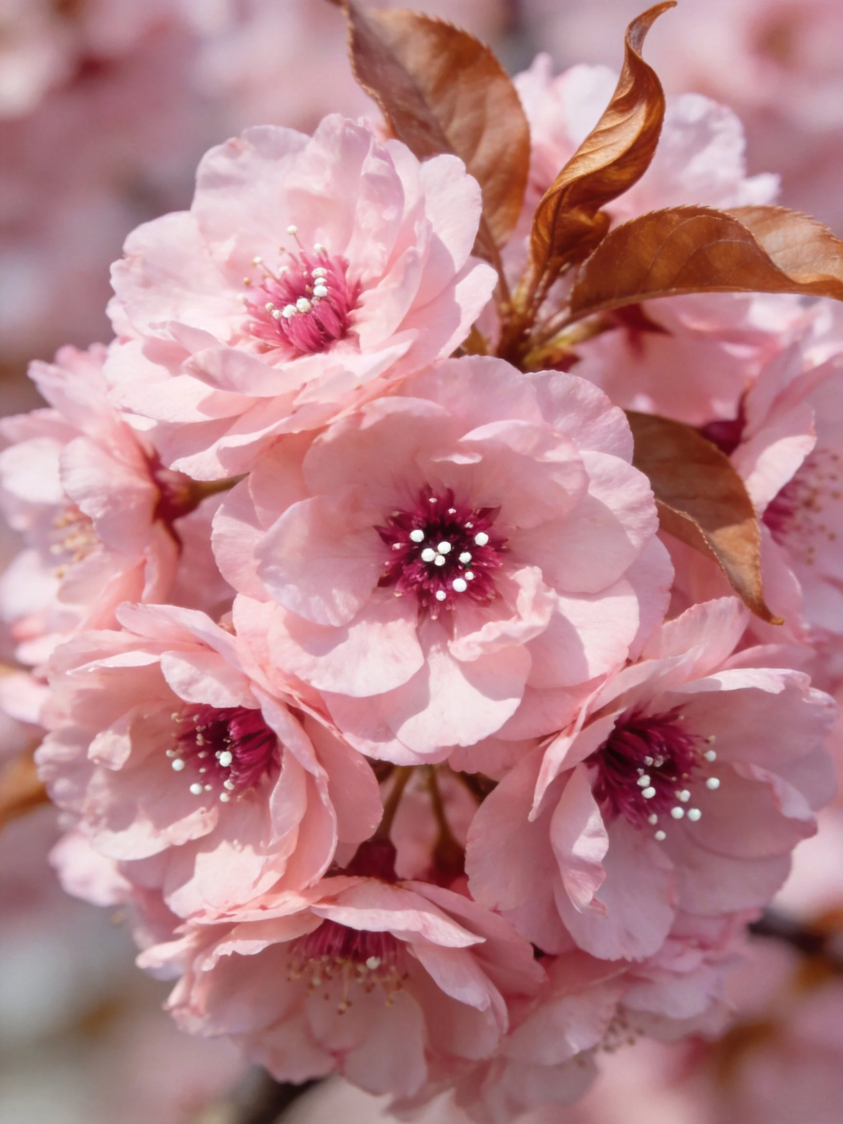 Pink cherry blossom cluster with reddish-brown leaves