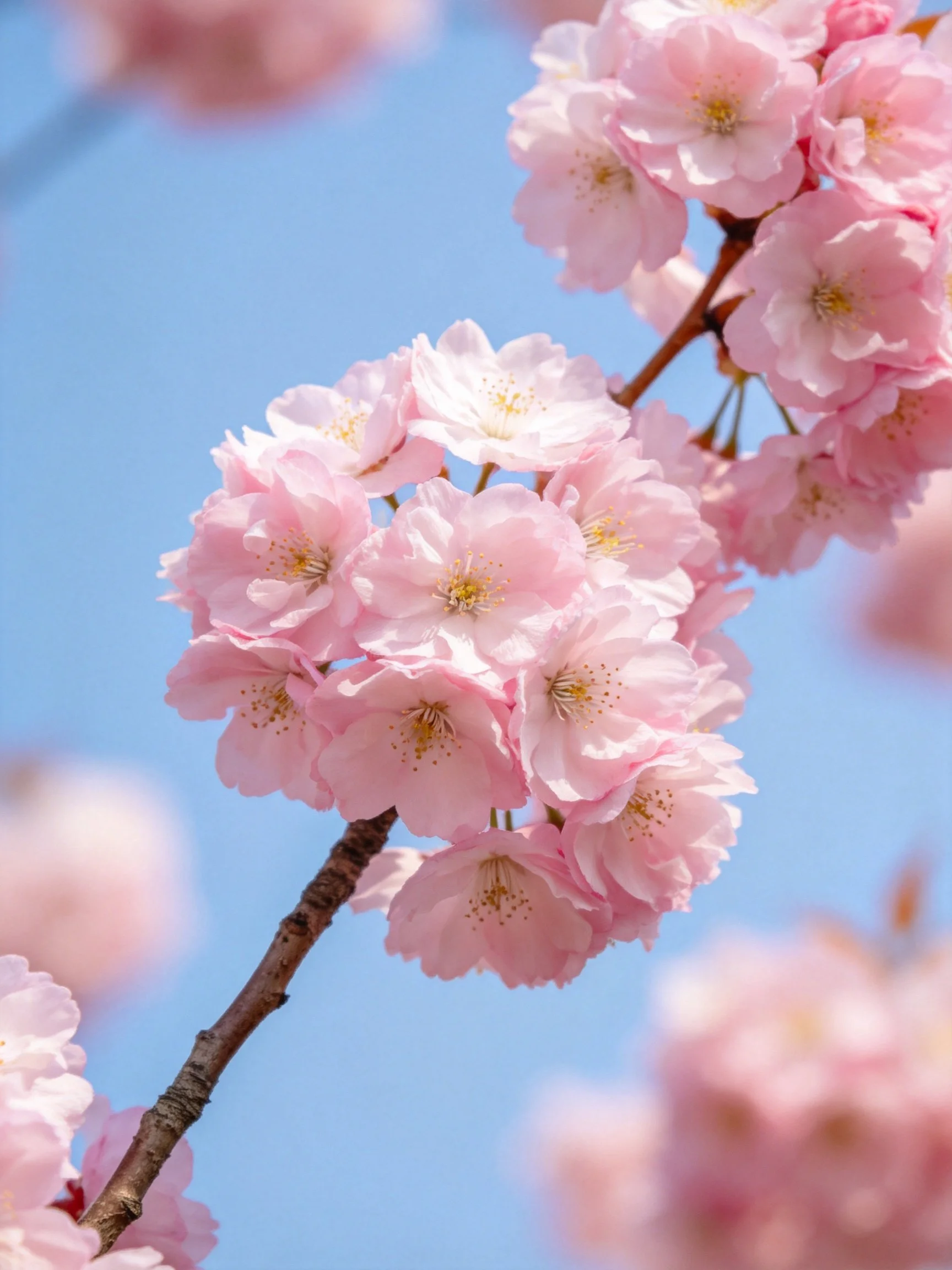 Pink cherry blossom clusters bloom against a bright blue sky