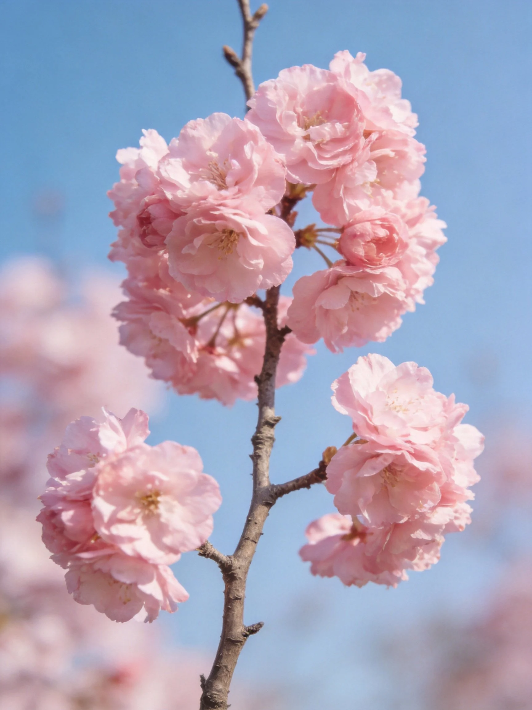 Pink cherry blossom clusters bloom on a brown tree branch