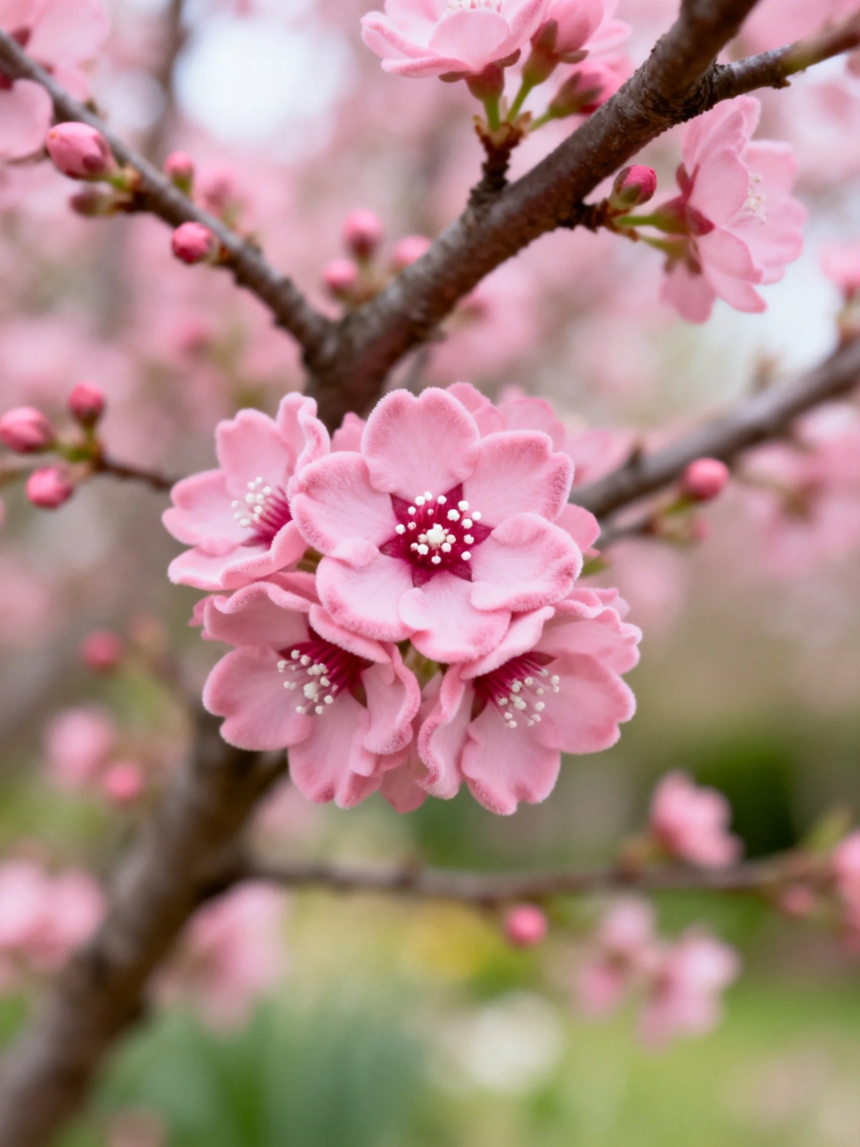 Pink cherry blossom clusters bloom on dark brown tree branches