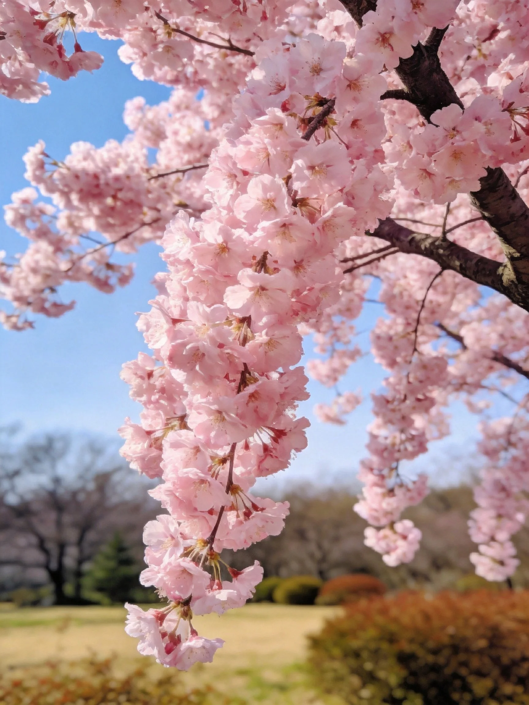 Pink cherry blossom clusters hang from dark branches under clear blue sky