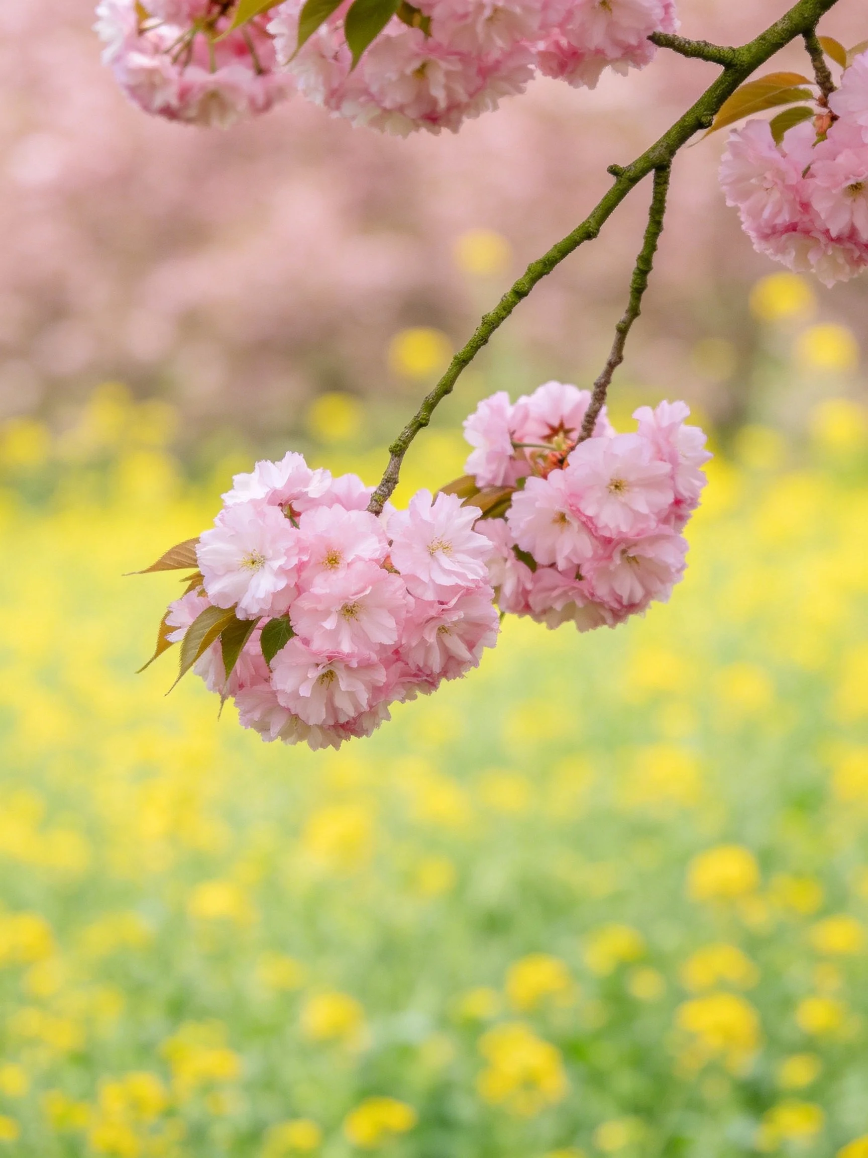 Pink cherry blossom clusters hang over a field of yellow blooms