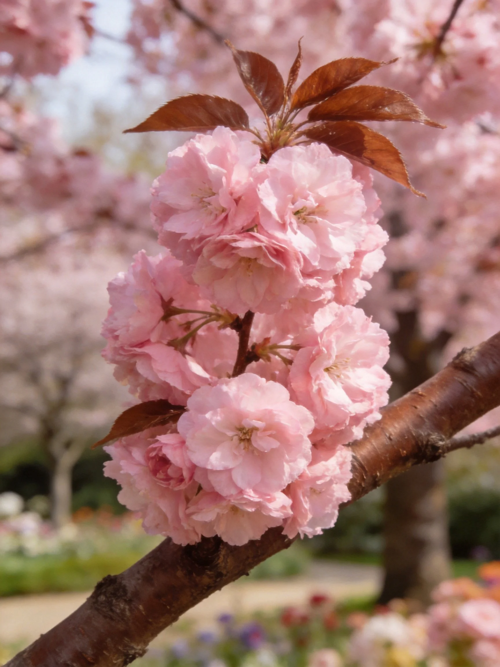 Pink cherry blossom clusters on a brown tree branch