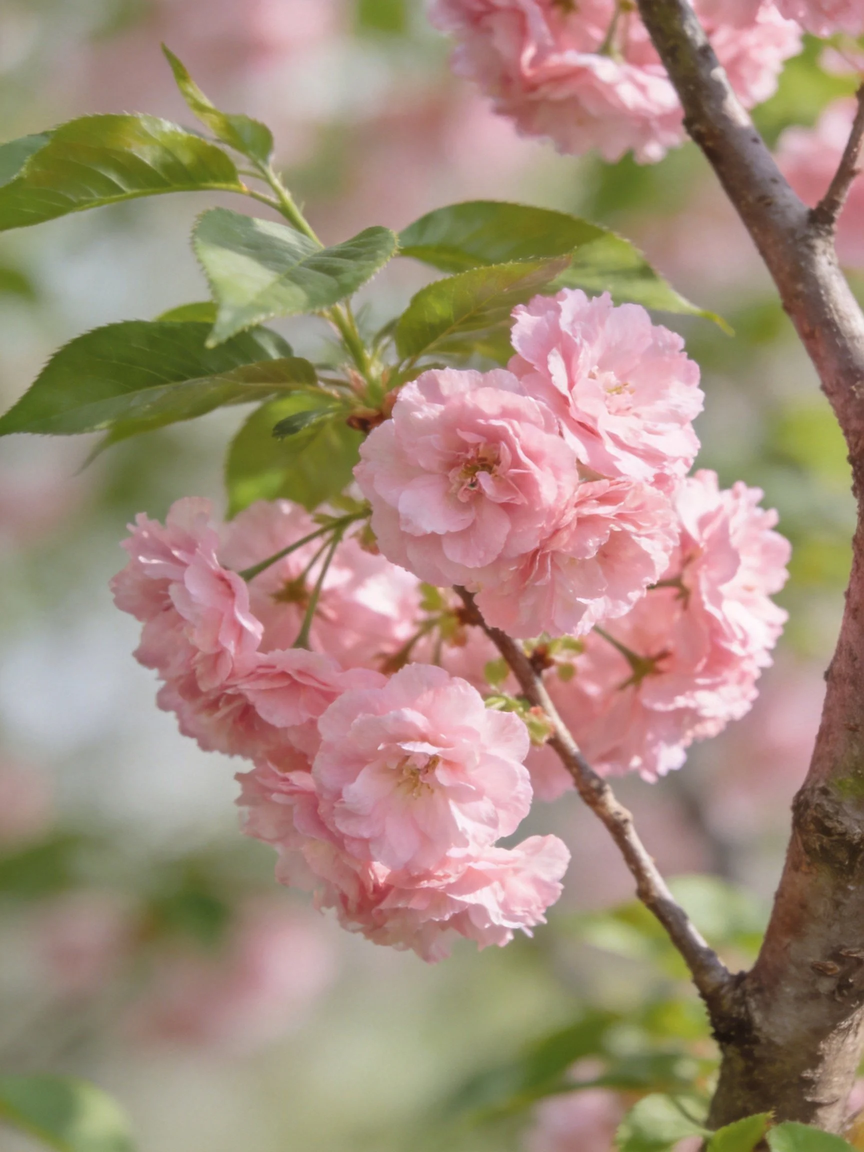 Pink cherry blossom clusters with green foliage on tree branches