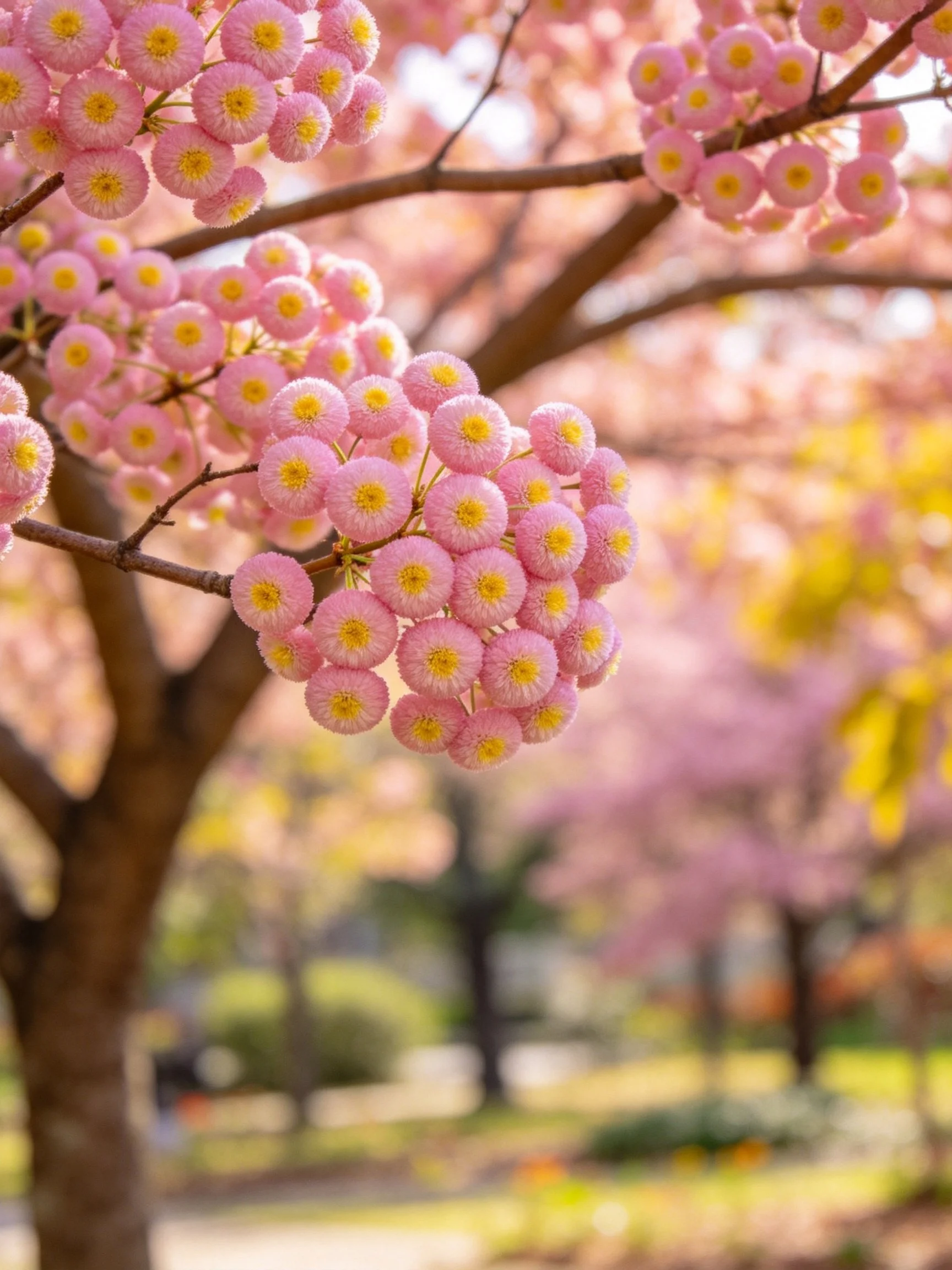 Pink cherry blossom clusters with yellow centers on tree branches