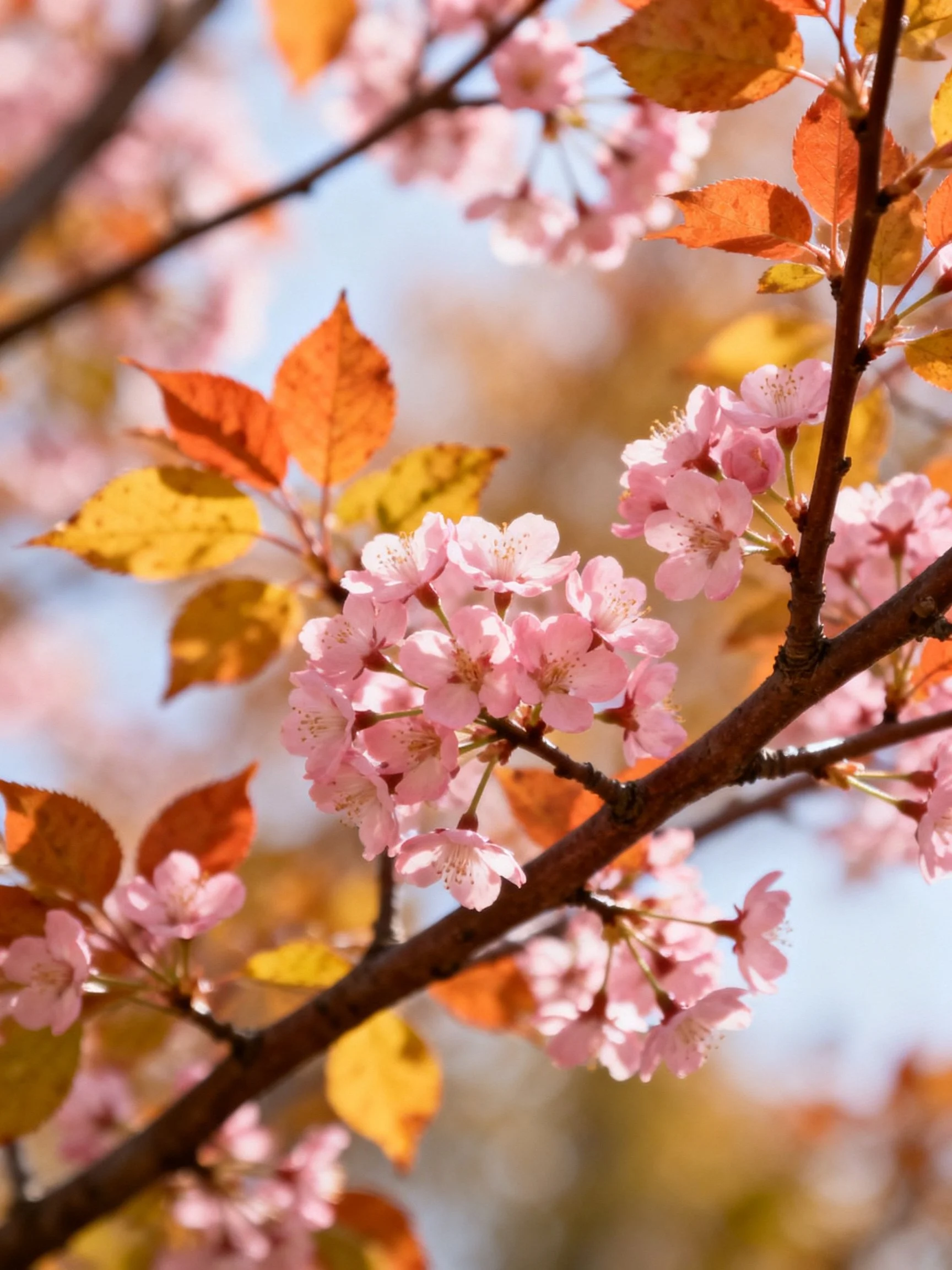 Pink cherry blossoms and orange-yellow leaves on tree branches