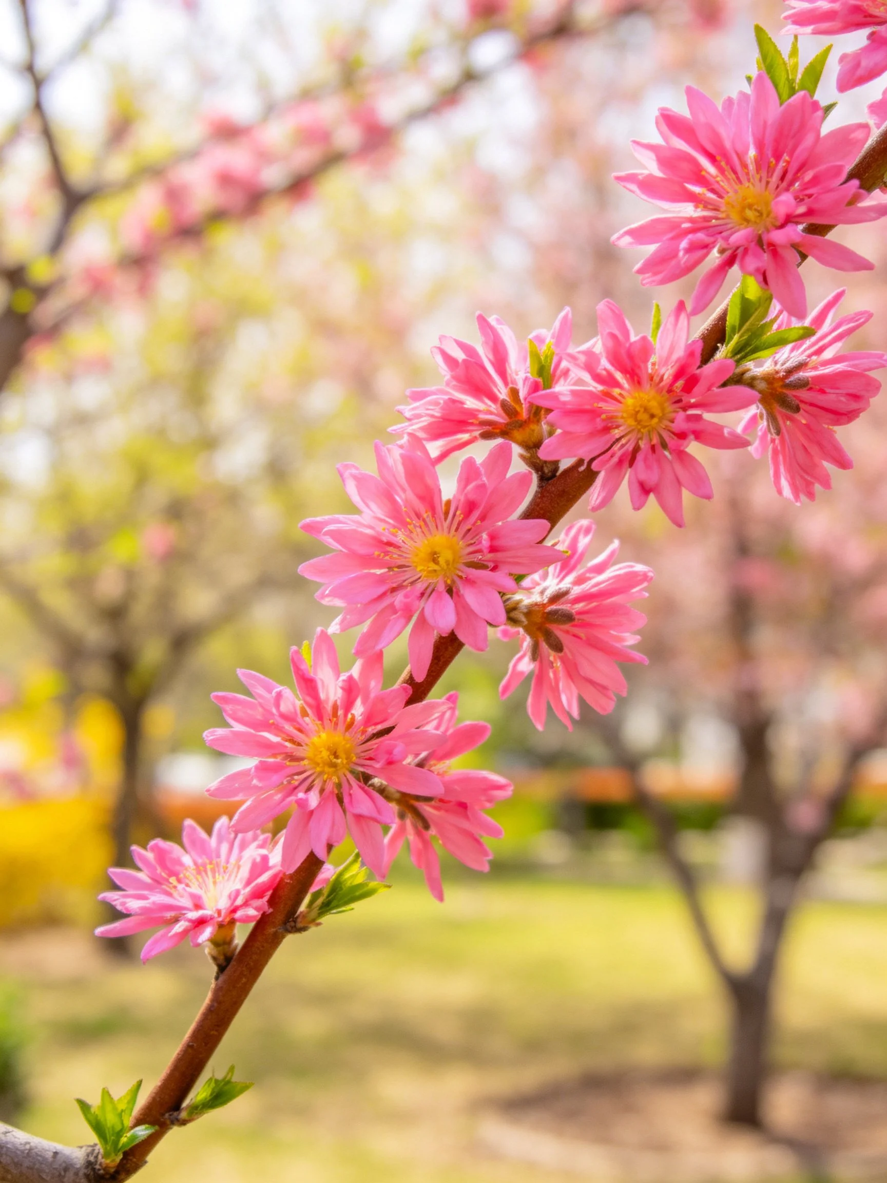Pink cherry blossoms bloom on a brown branch with soft, blurred greenery