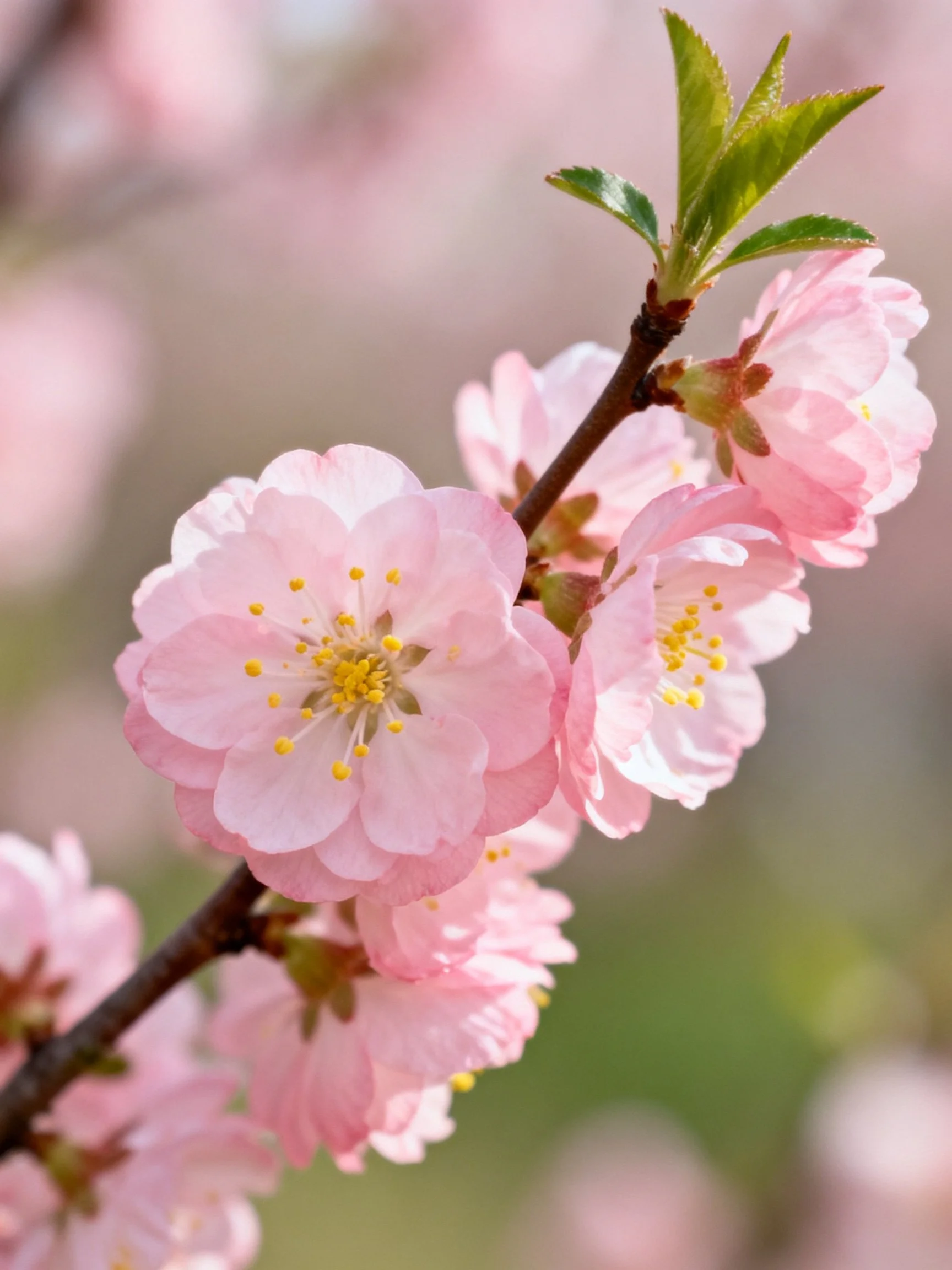 Pink cherry blossoms blooming on a dark brown branch