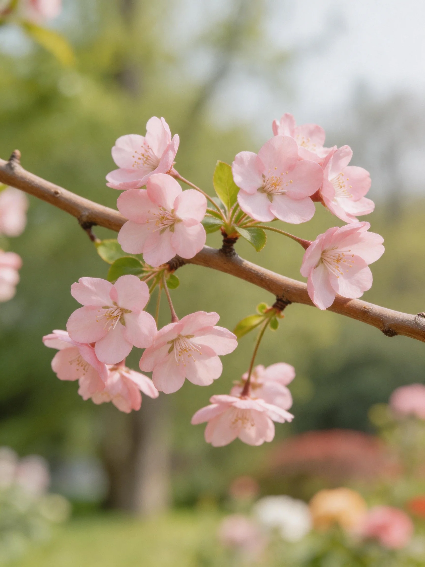 Pink cherry blossoms cluster on a brown branch with green foliage