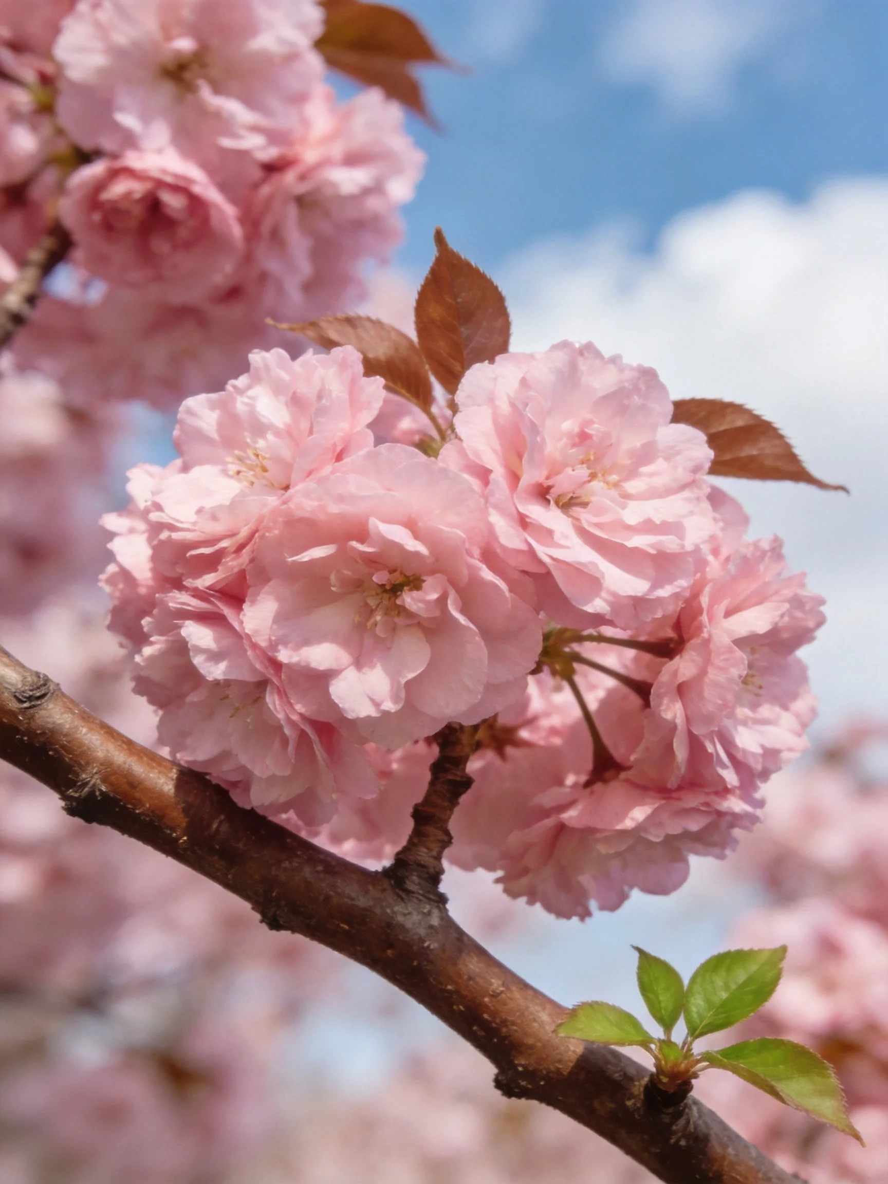 Pink cherry blossoms clustered on a branch under blue sky