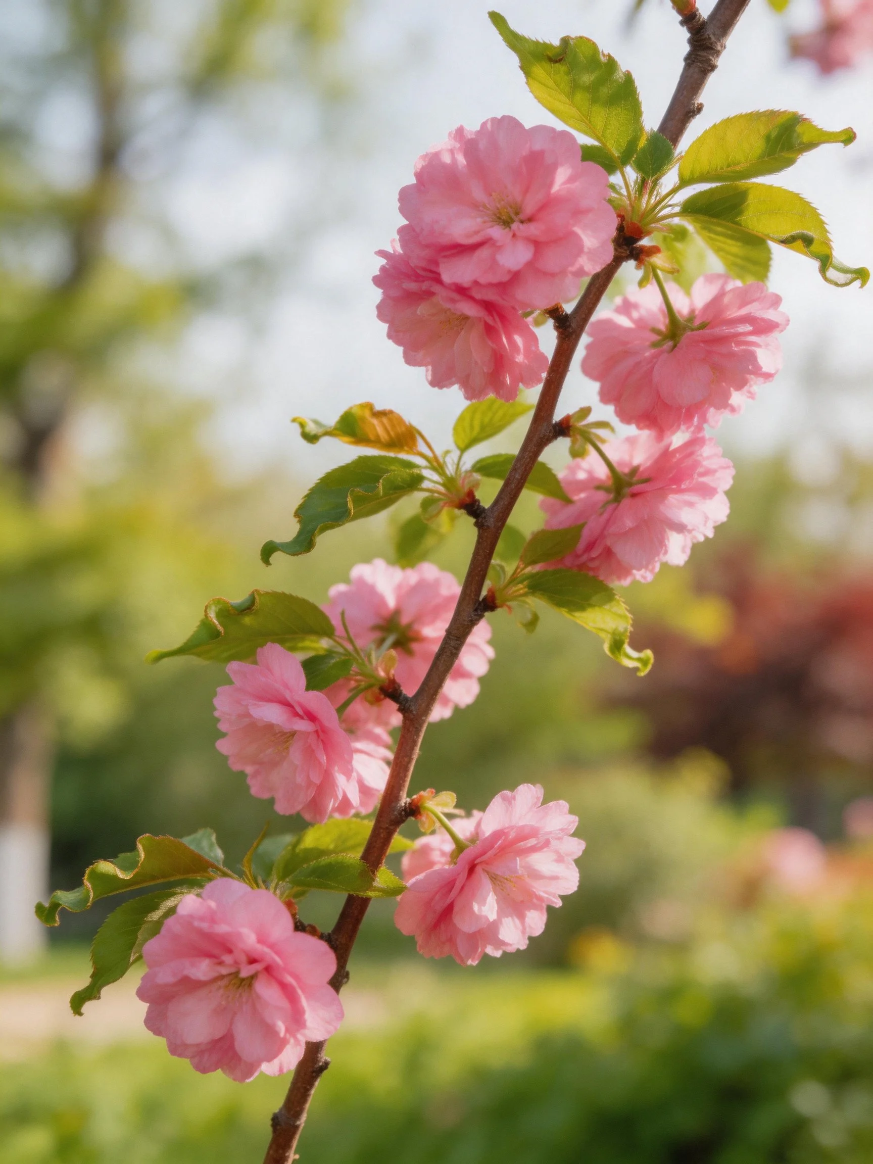 Pink cherry blossoms clustered on a brown tree branch with green foliage