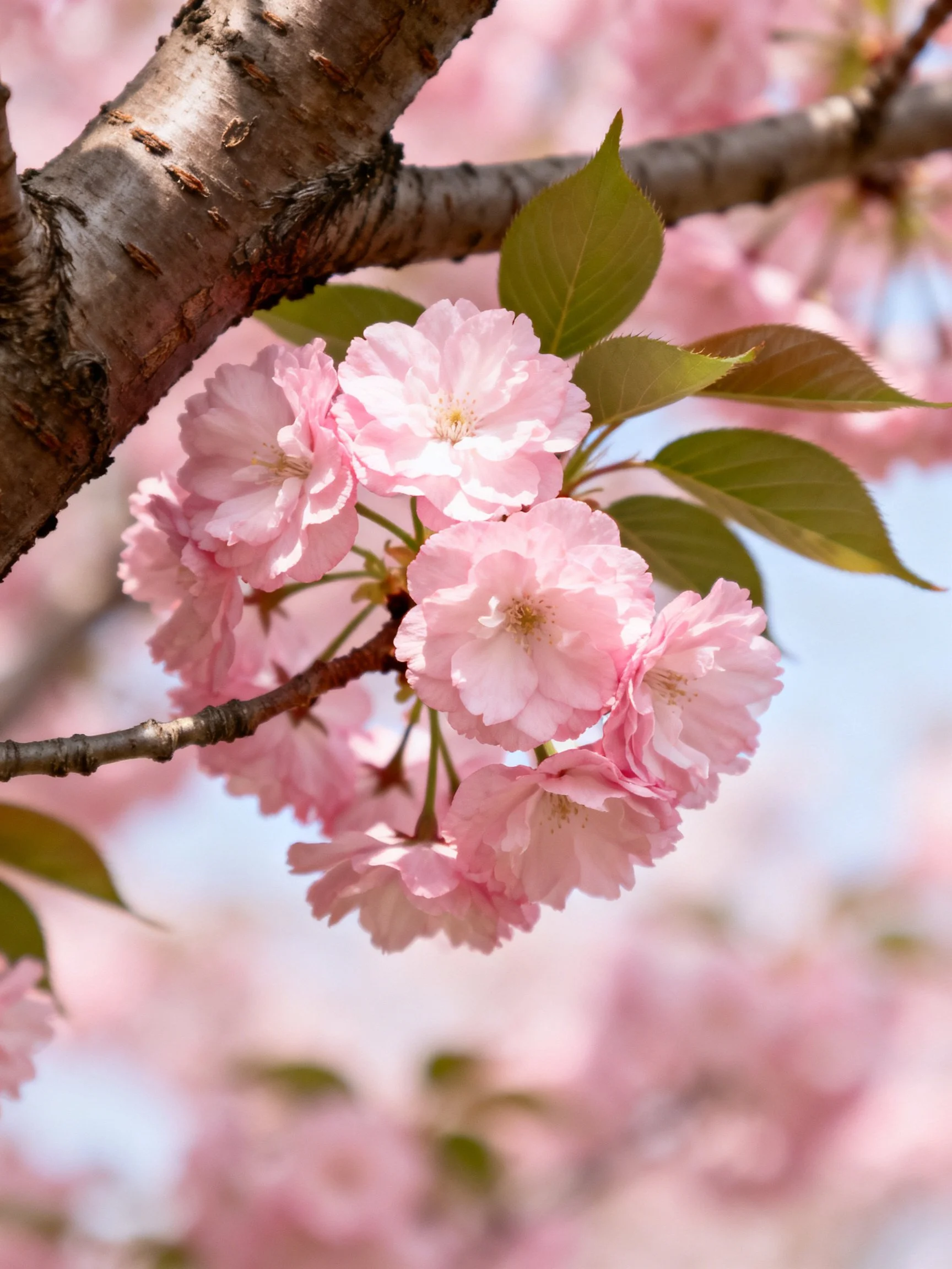 Pink cherry blossoms clustered on gnarled tree branches with green leaves