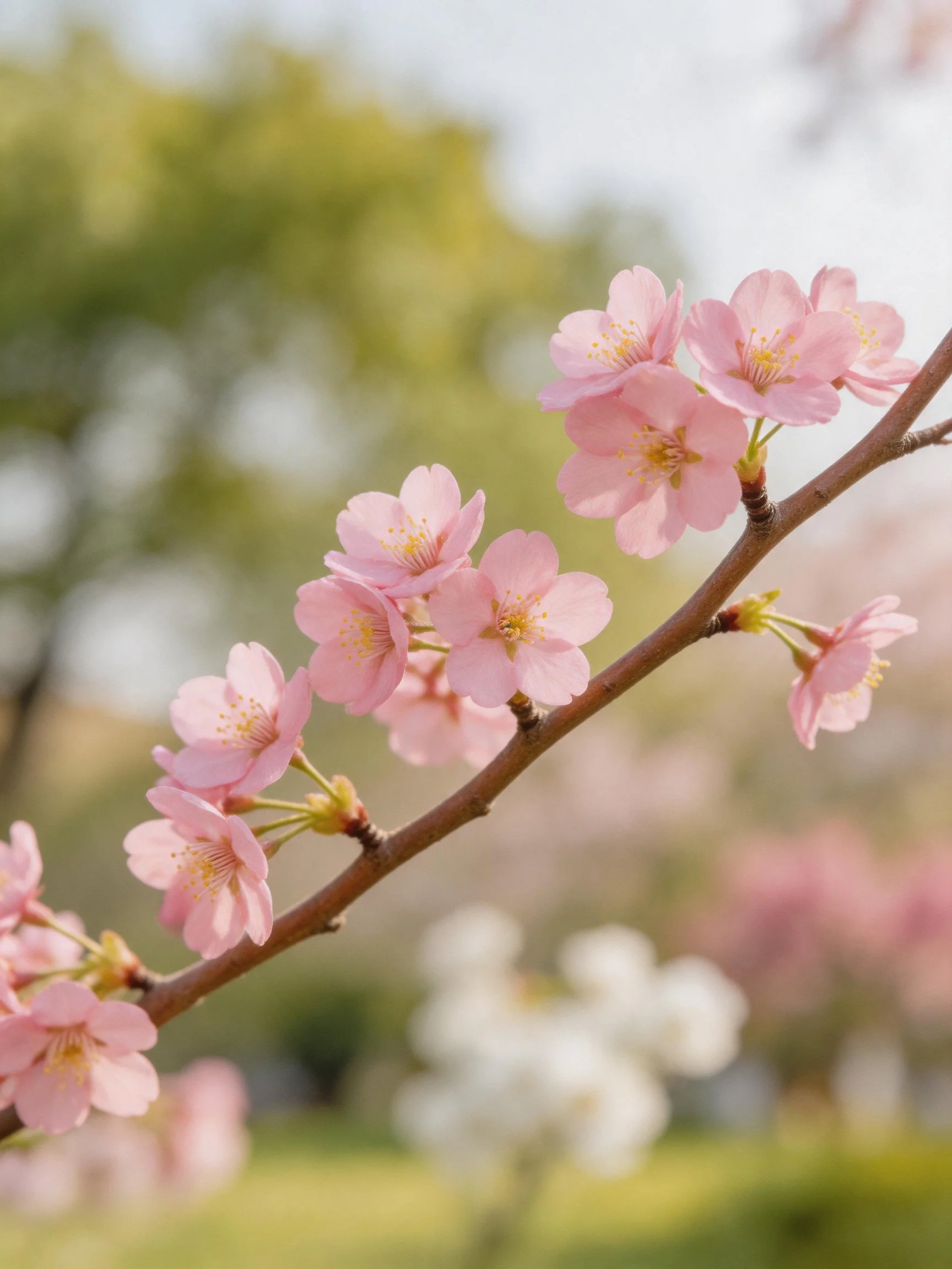 Pink cherry blossoms on a branch with soft focus natural background