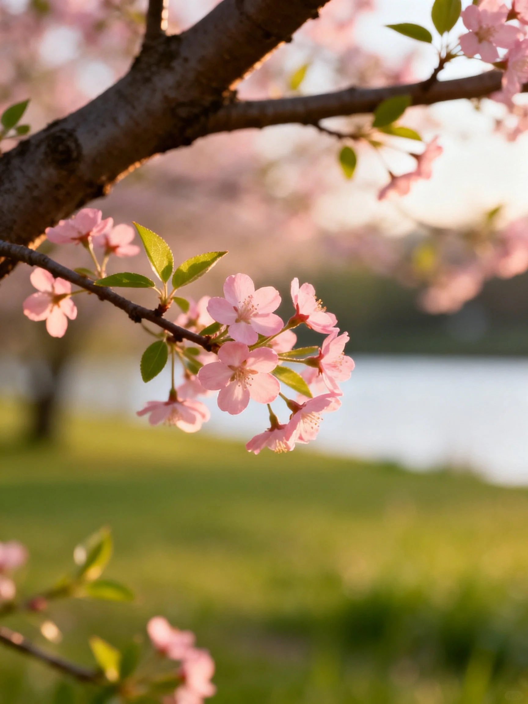 Pink cherry blossoms on dark brown branches near a calm lake