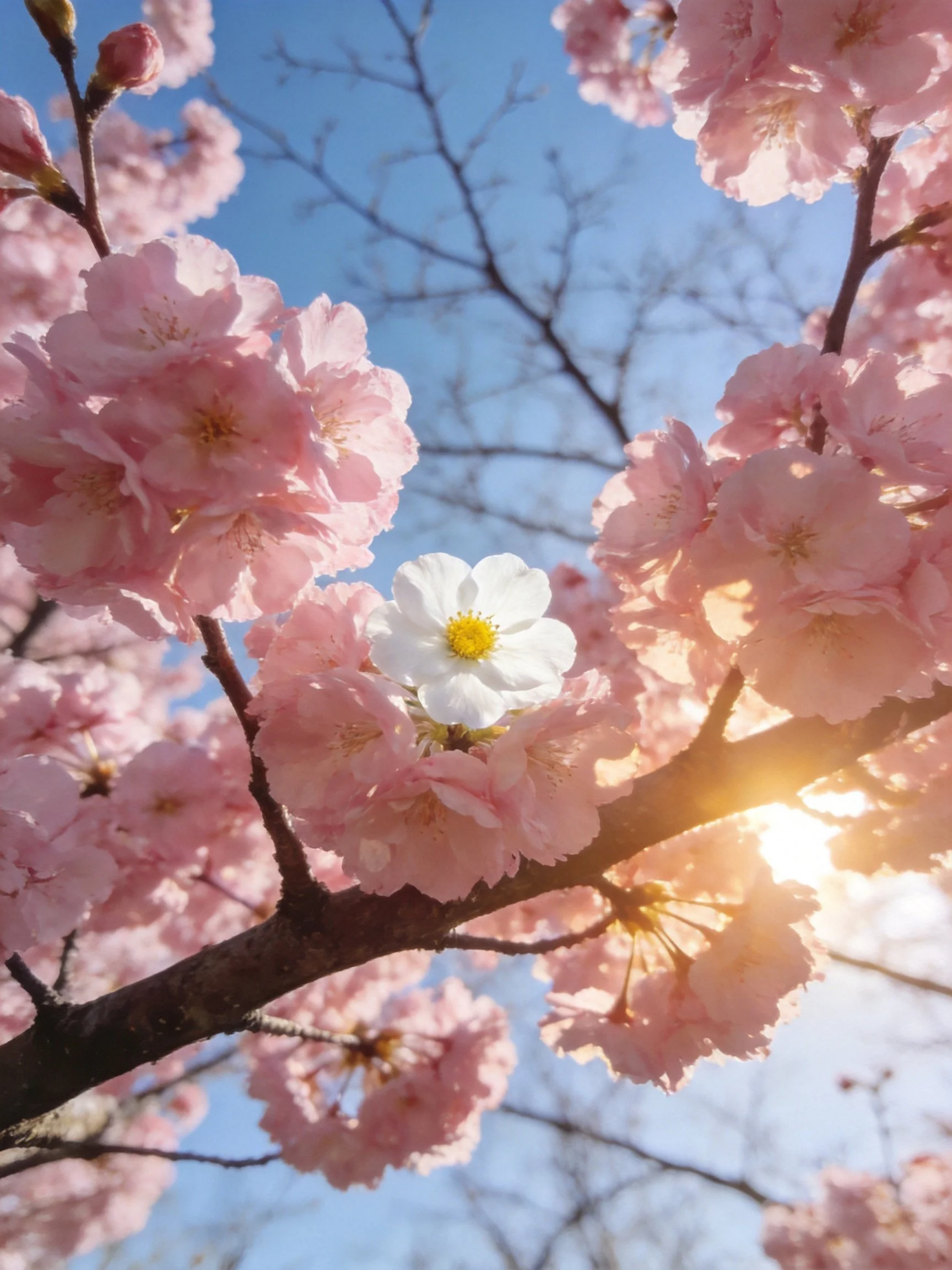 Pink cherry blossoms with a single white flower under bright sunlight