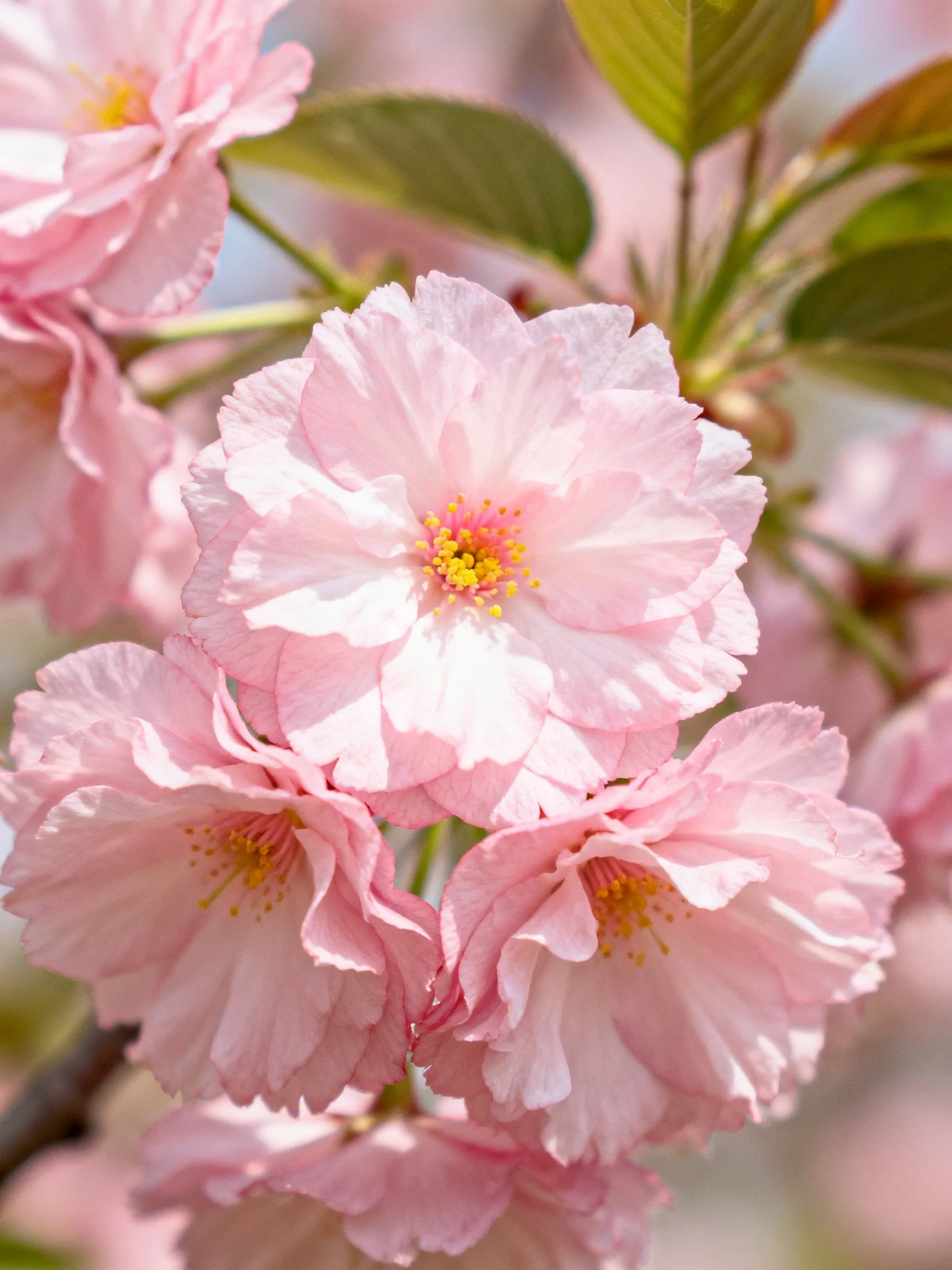 Pink cherry blossoms with vibrant yellow centers and green foliage