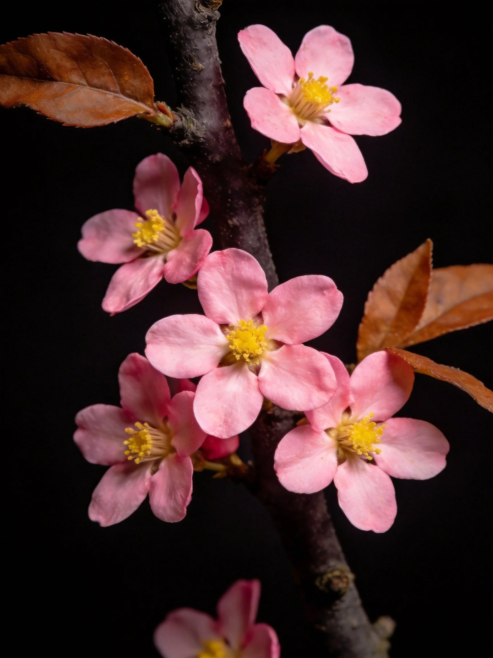 Pink cherry blossoms with yellow centers on a dark branch, featuring brown leaves.