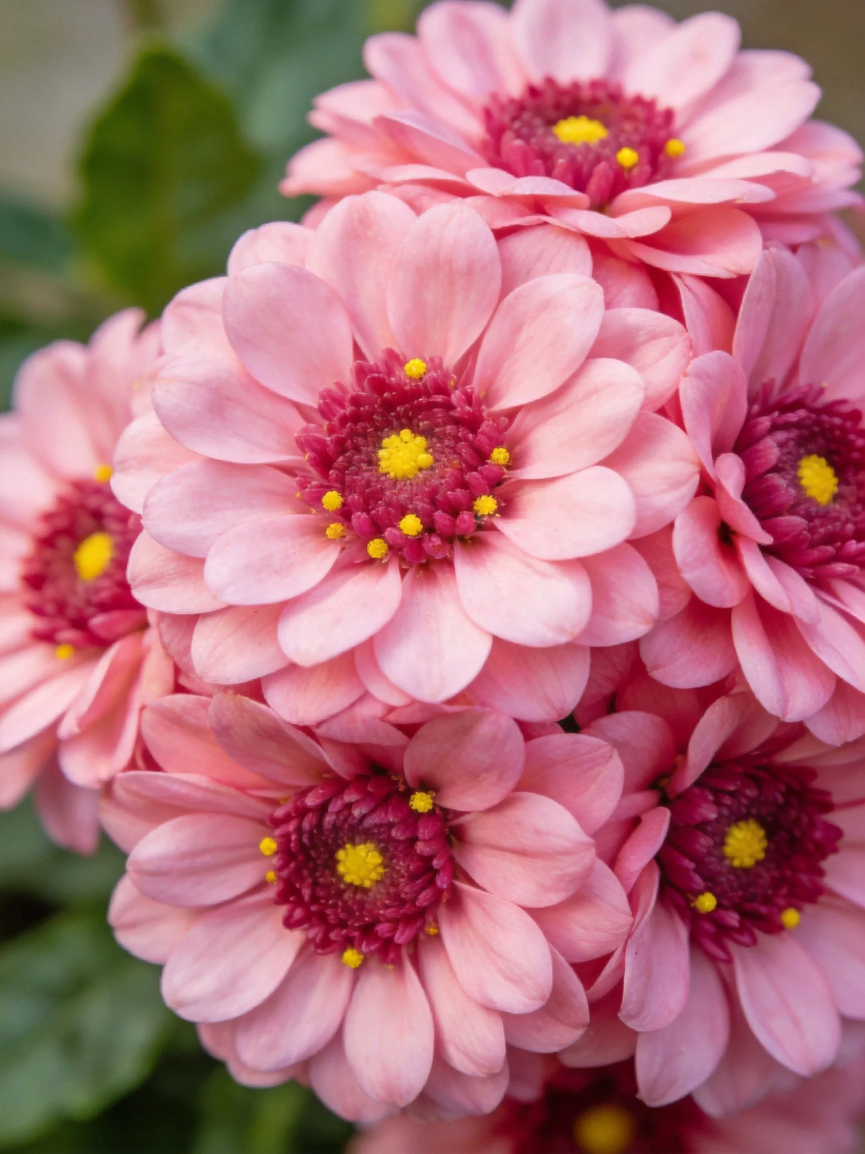 Pink chrysanthemum cluster with maroon centers and yellow stamens