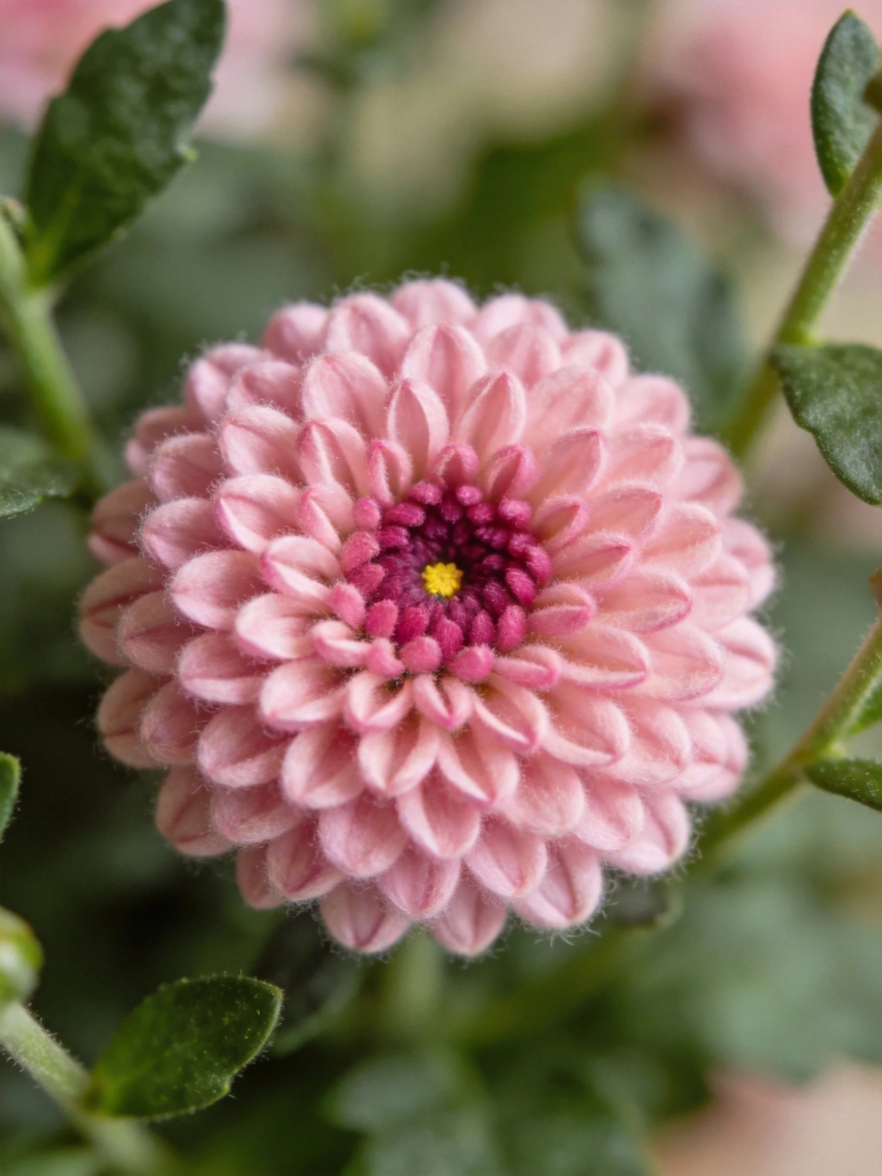 Pink chrysanthemum with layered petals and green foliage