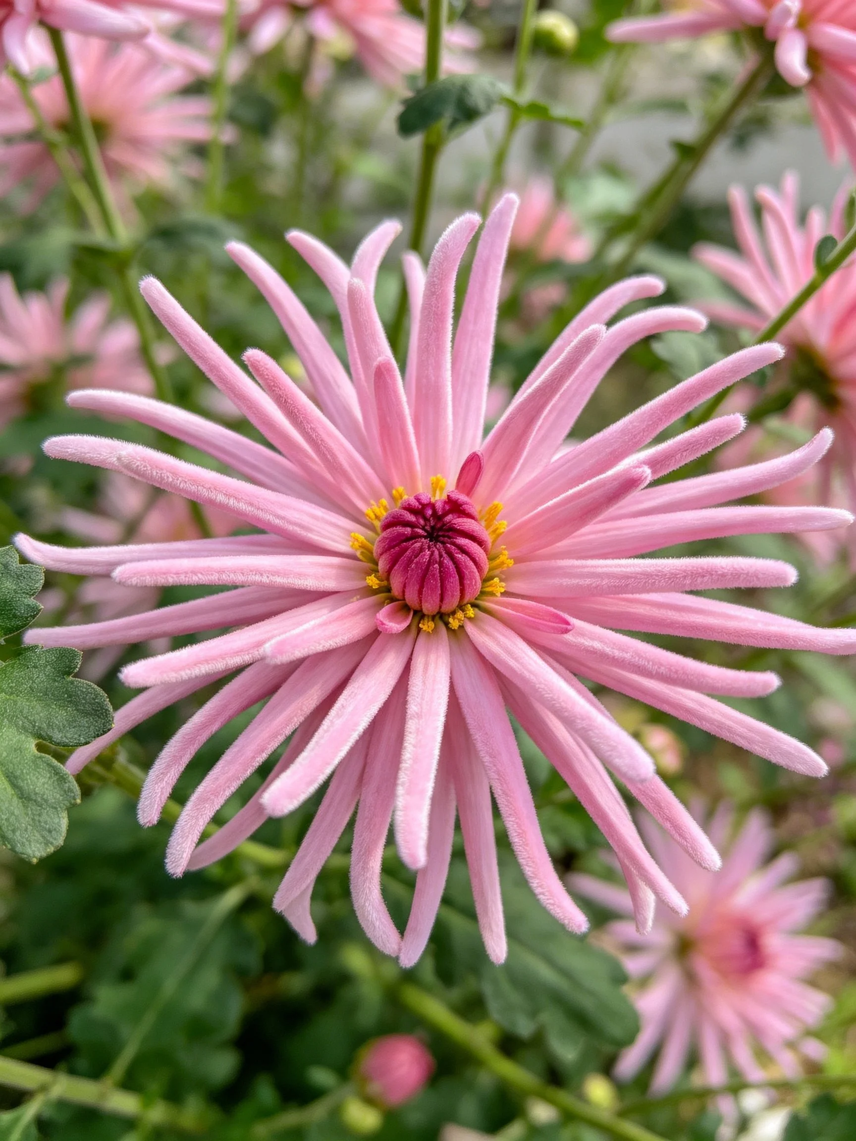Pink chrysanthemum with soft, elongated petals