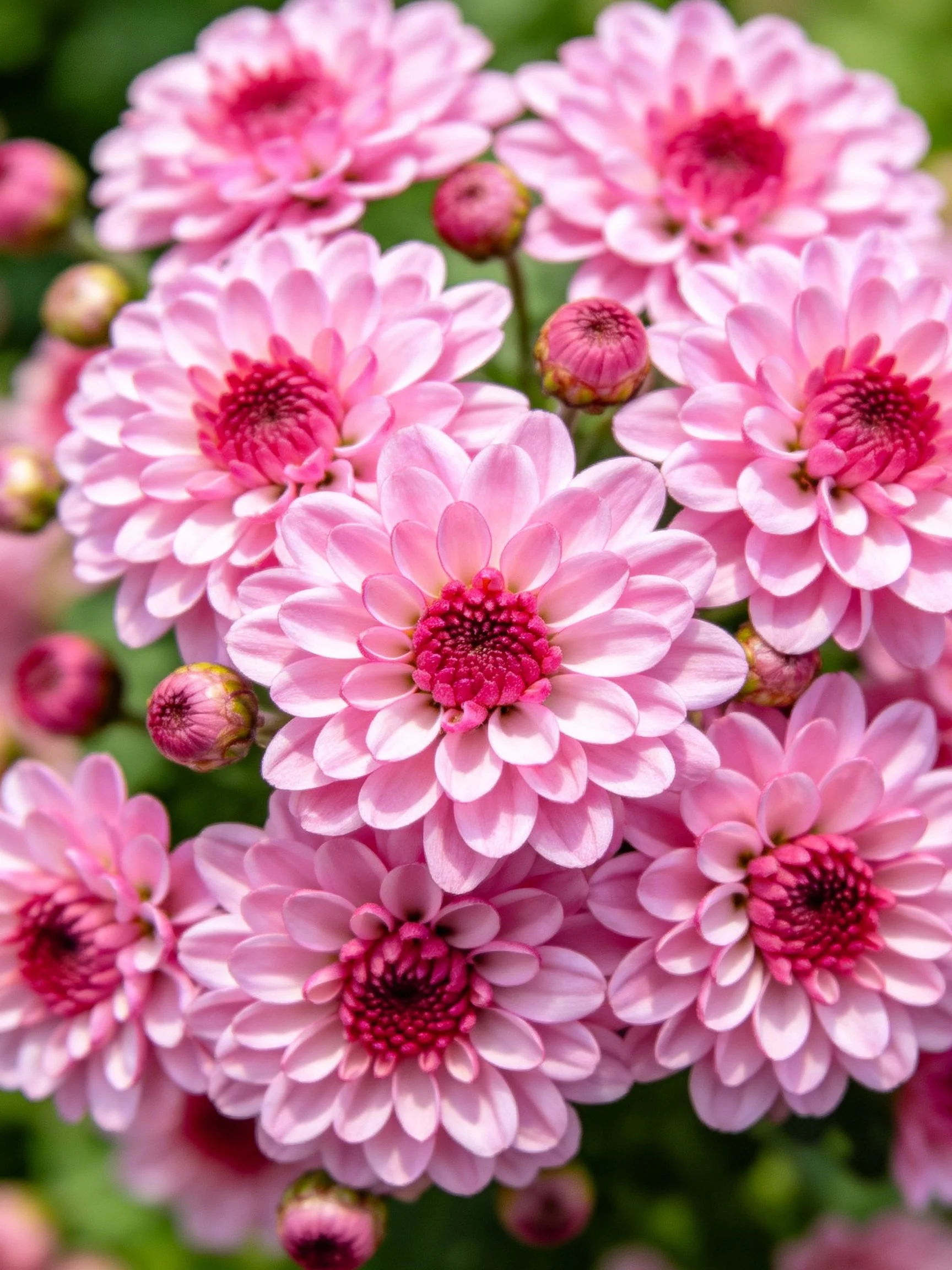 Pink chrysanthemums cluster with dark pink centers