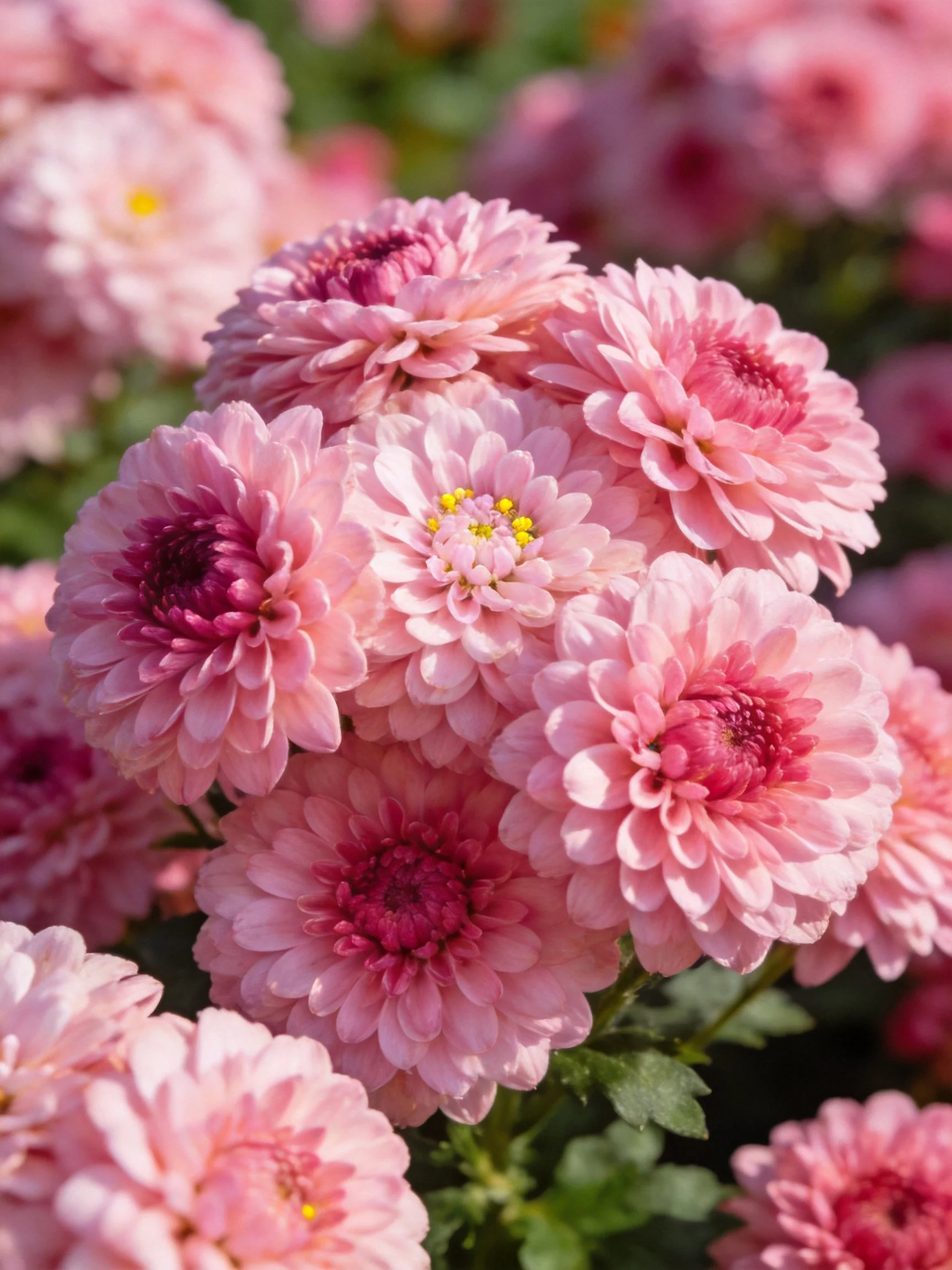 Pink chrysanthemums cluster with purple centers, soft lighting
