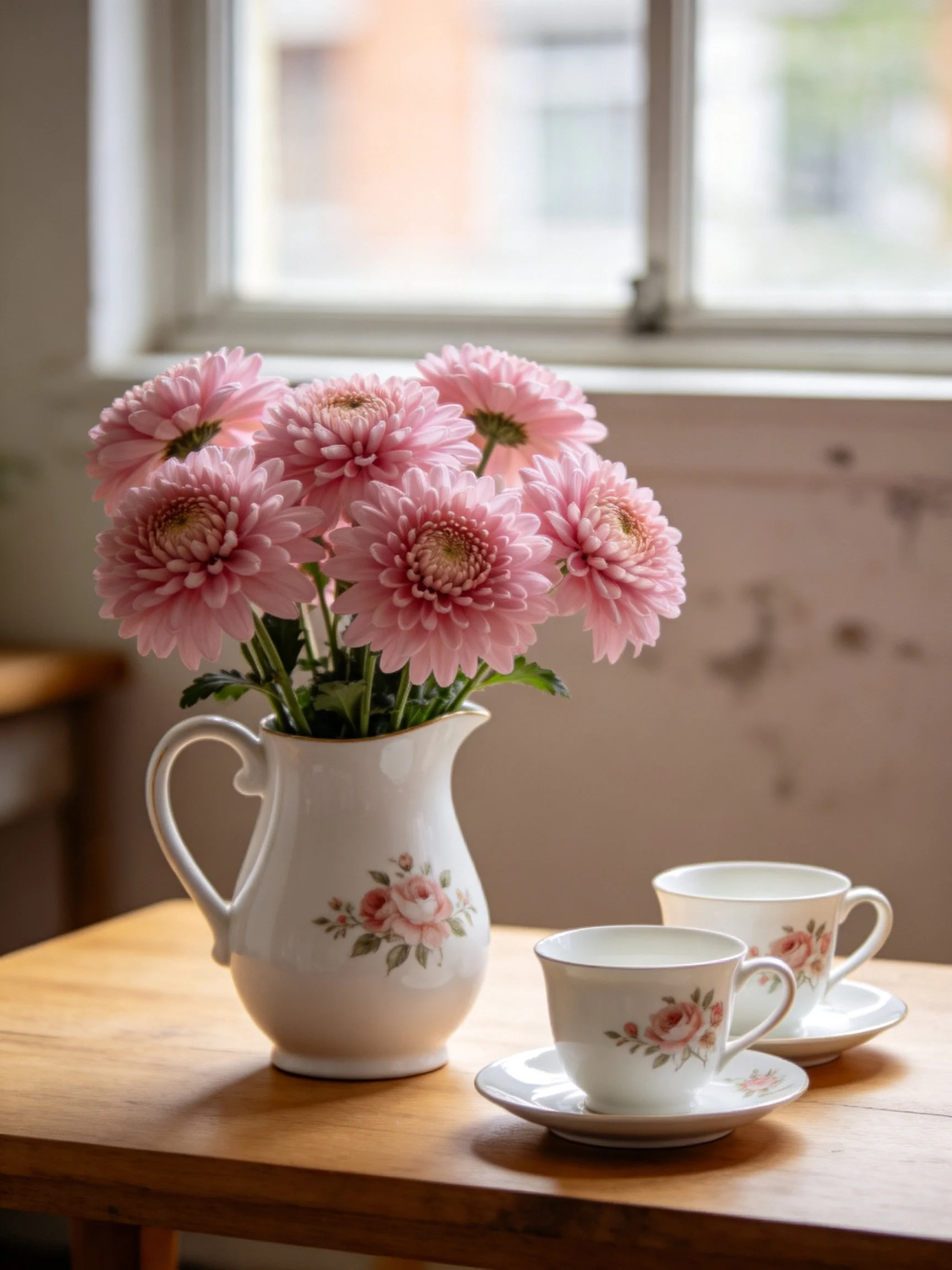 Pink chrysanthemums in a floral pitcher beside two teacups on a wooden table