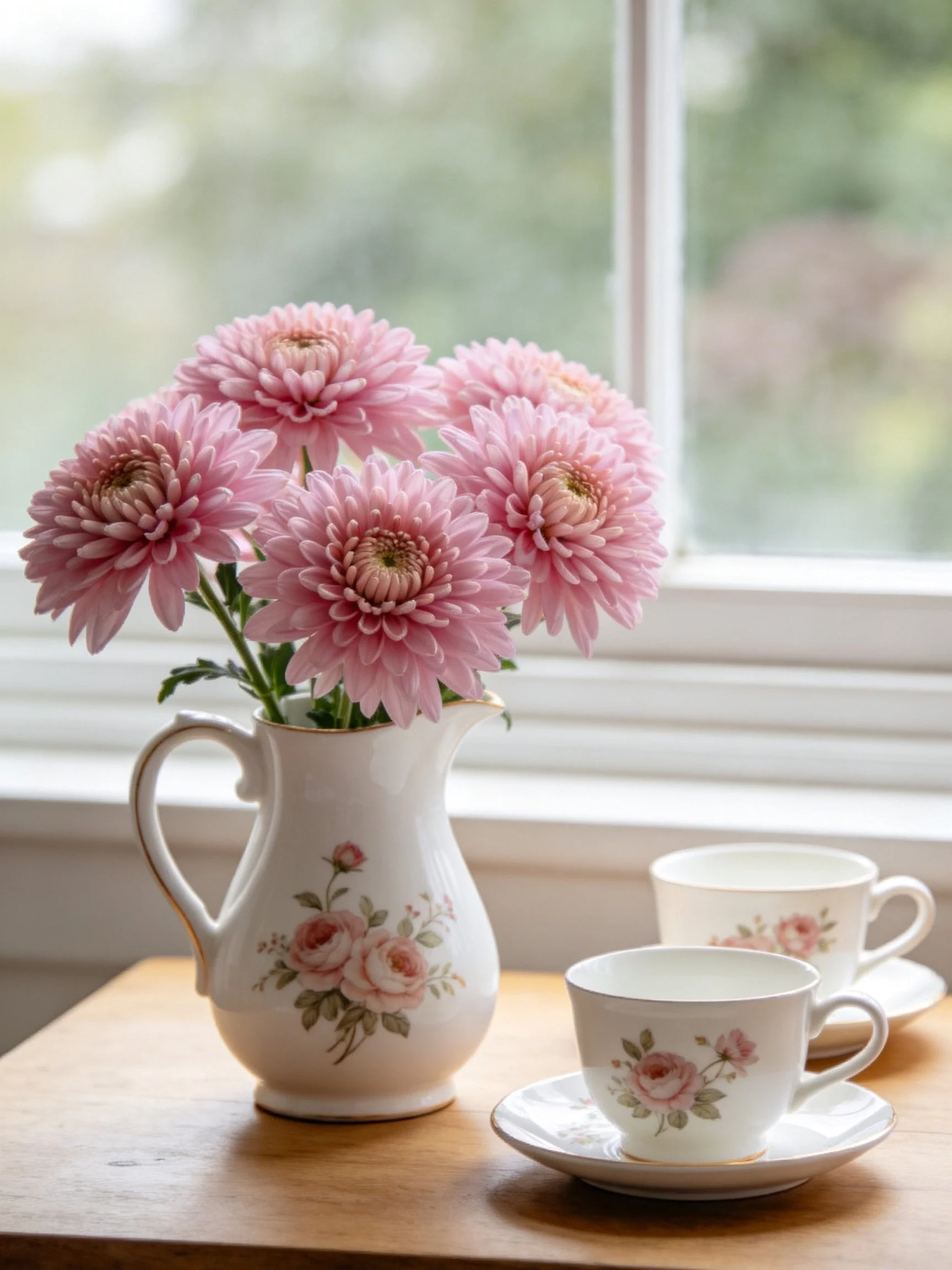 Pink chrysanthemums in floral pitcher with two teacups by window