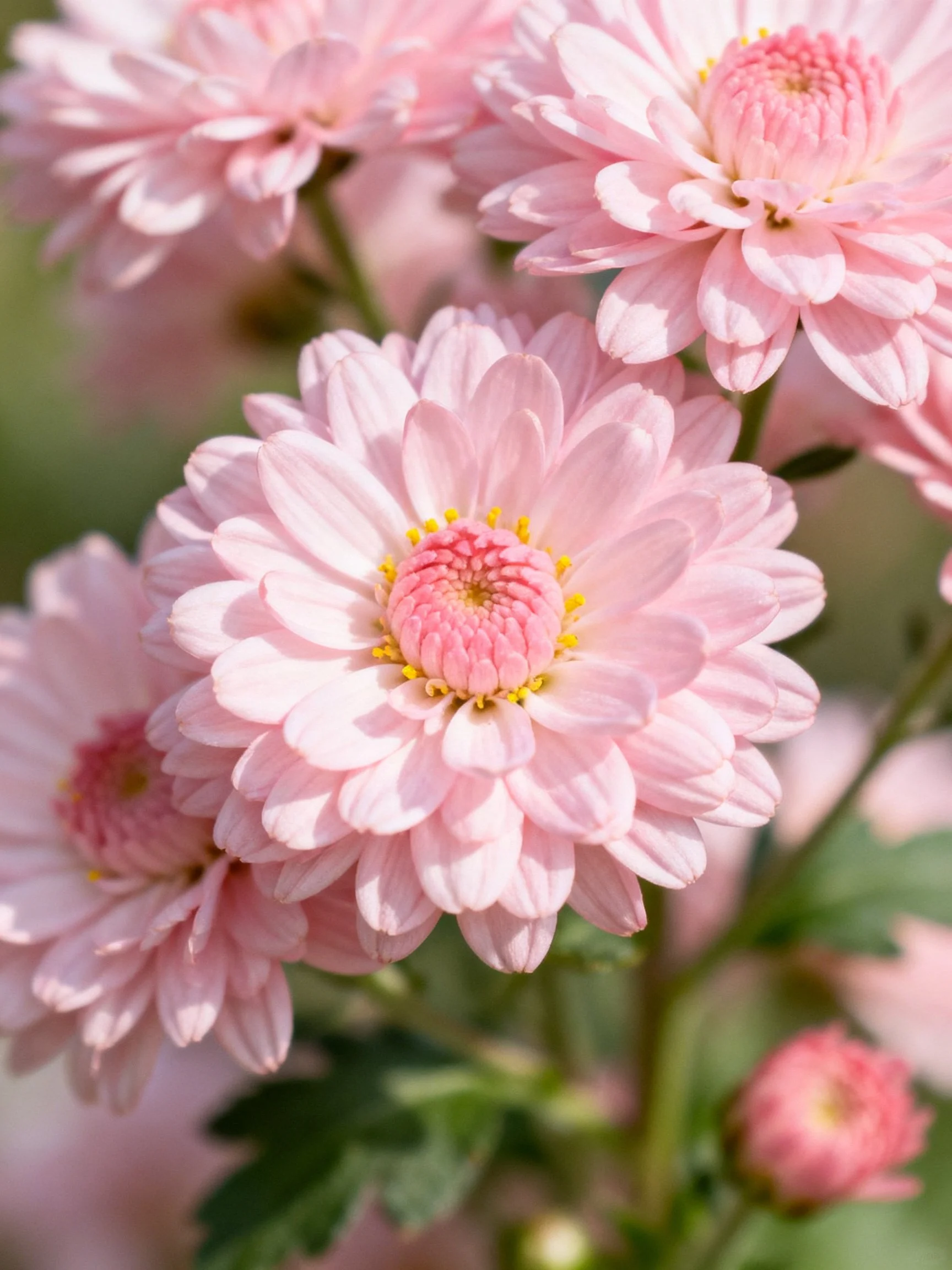 Pink chrysanthemums with layered petals and yellow centers