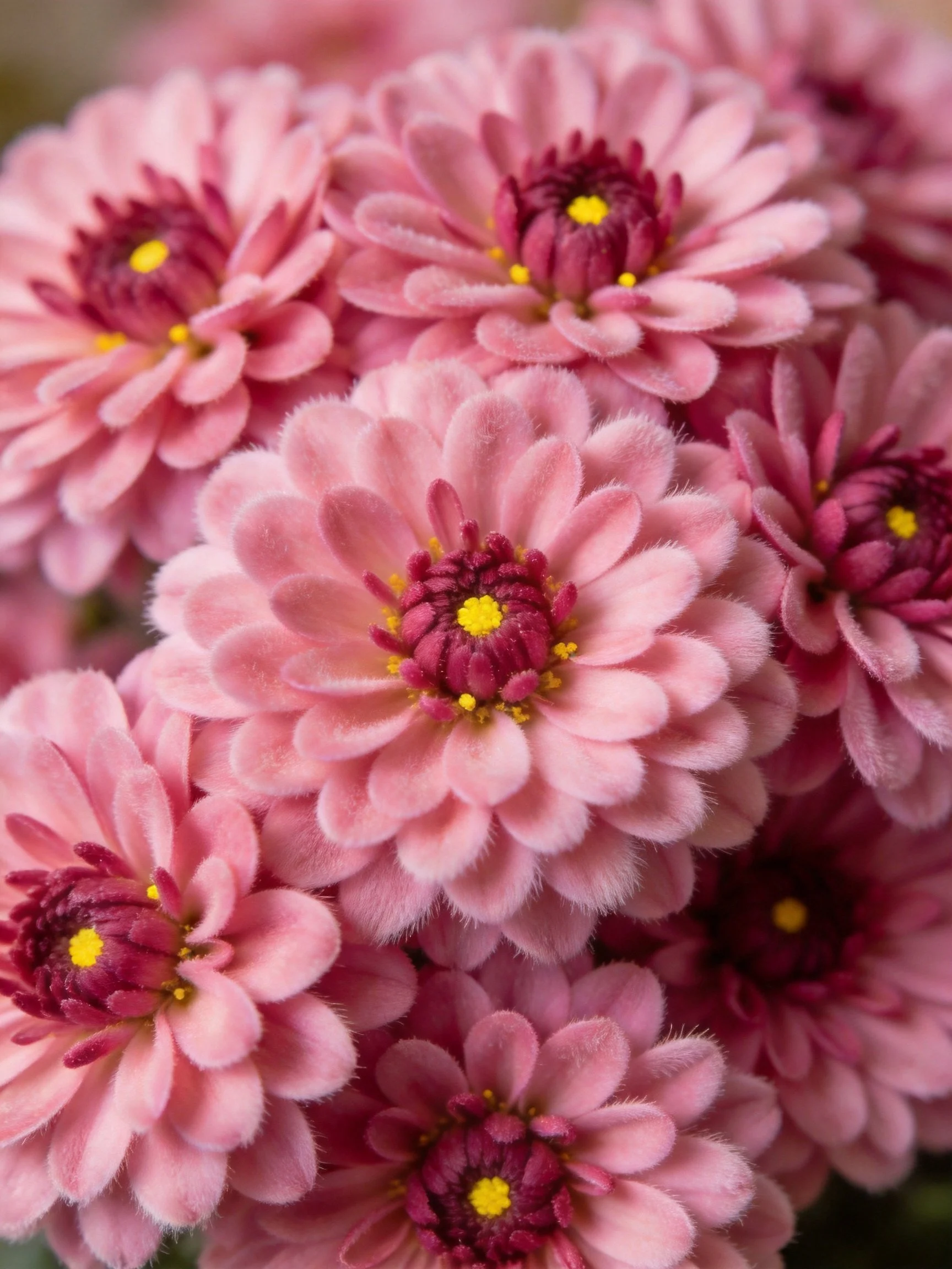 A cluster of pink chrysanthemums with maroon centers and yellow stamens fills the frame.