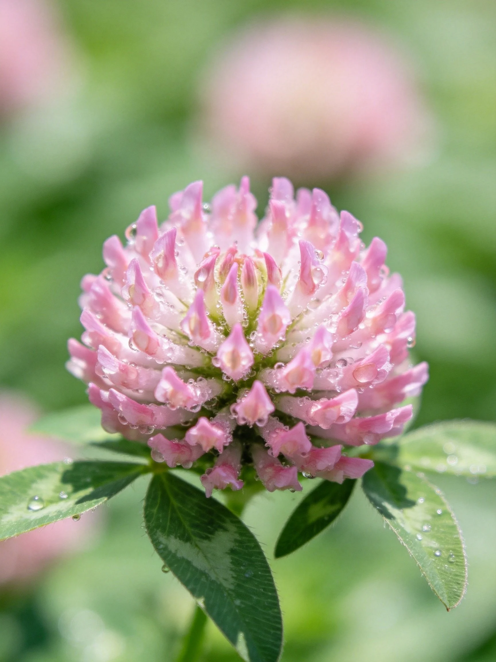 Pink clover flower with water droplets and green foliage