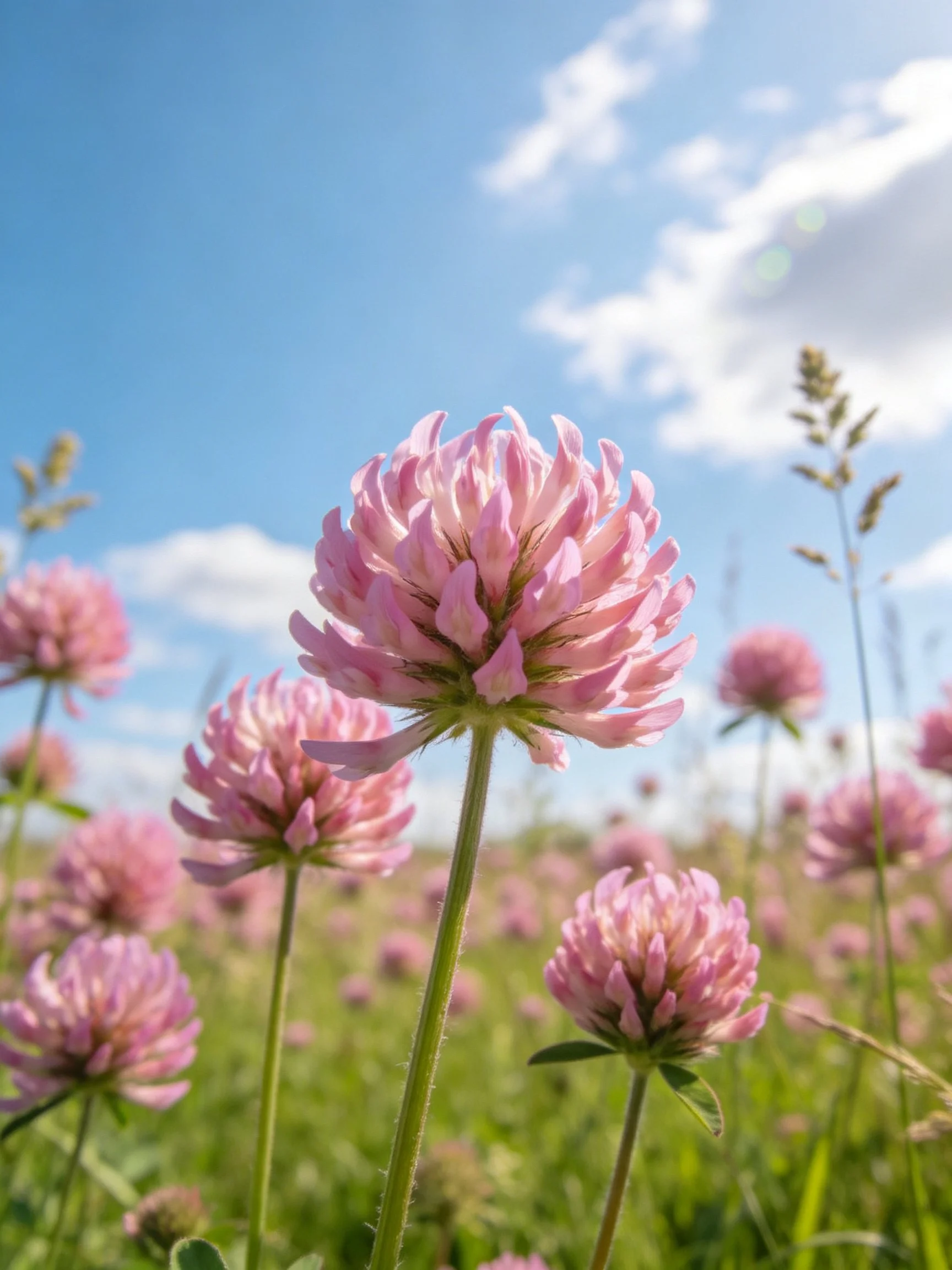 Pink clover flowers bloom abundantly in a sunlit meadow