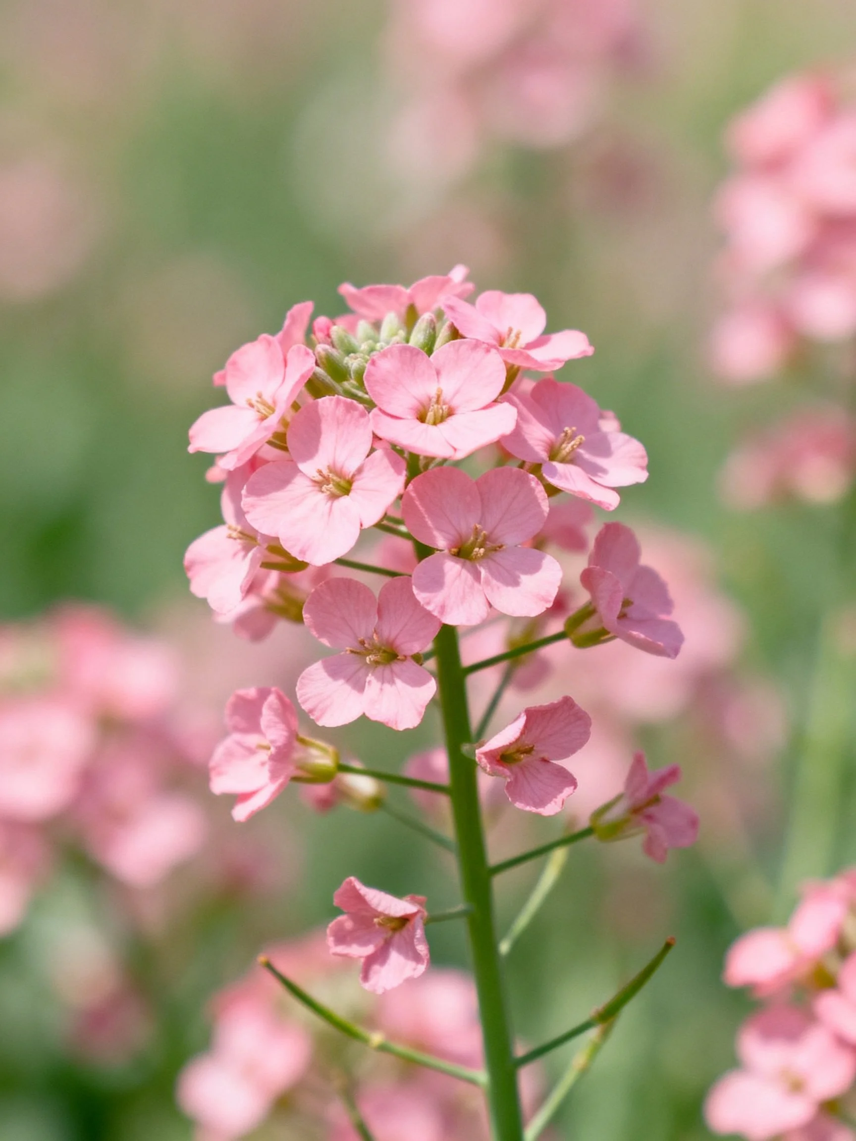 Pink clustered blooms with green stems and soft bokeh