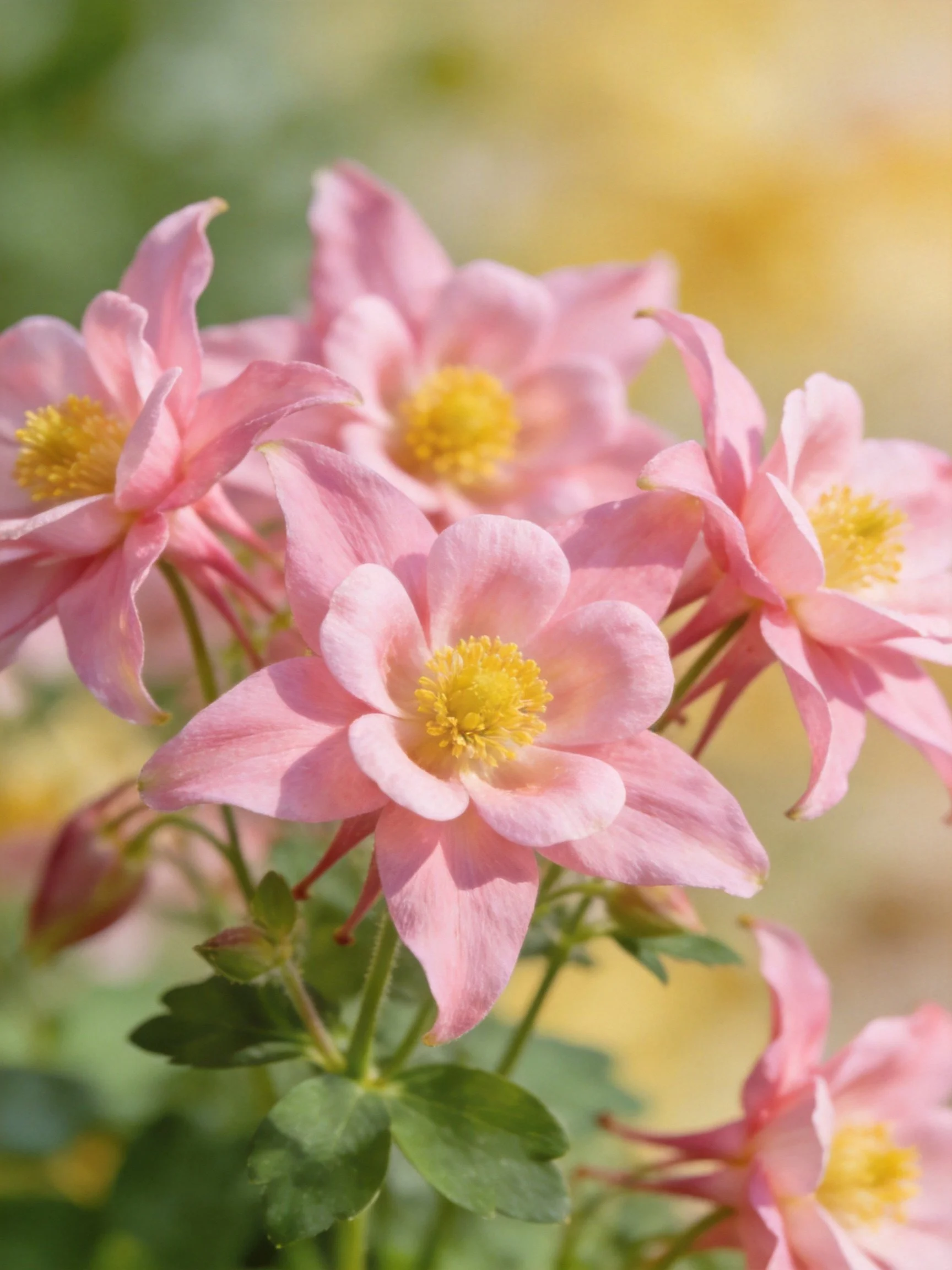 Pink columbine flowers with yellow centers in a sunlit garden