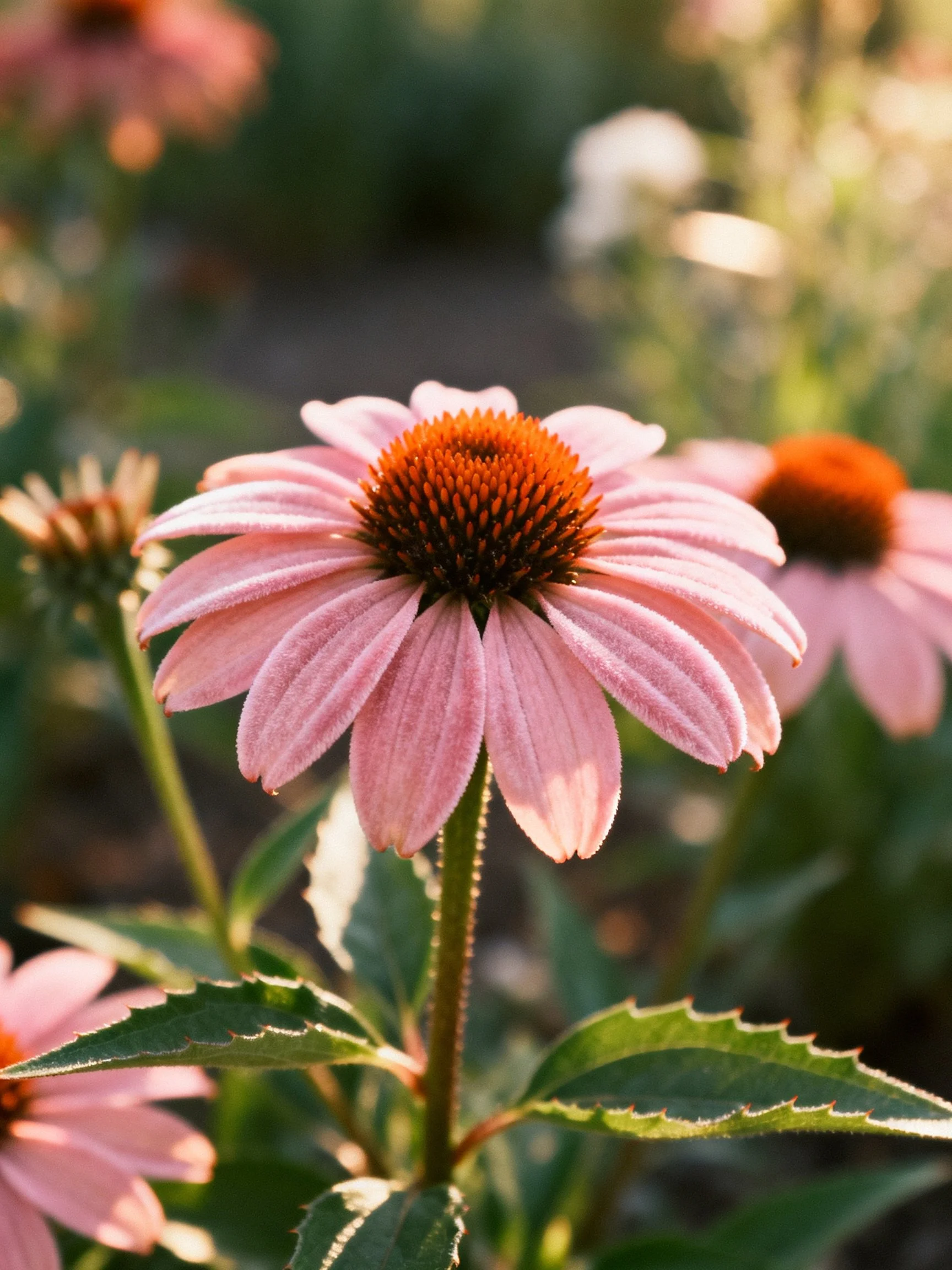 Pink coneflowers with orange centers bloom in a sunlit garden.