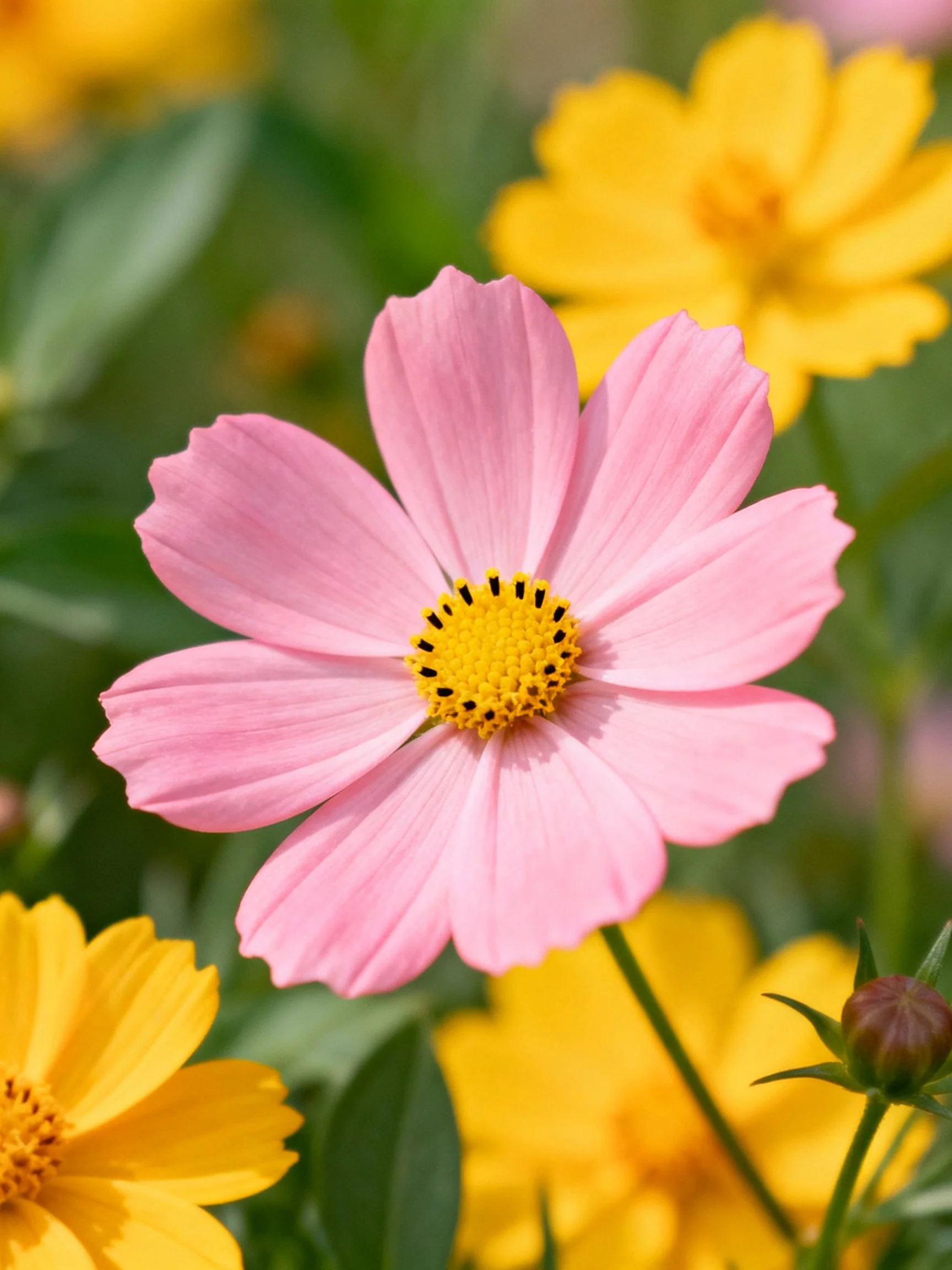 Pink cosmos flower among yellow blooms and green foliage