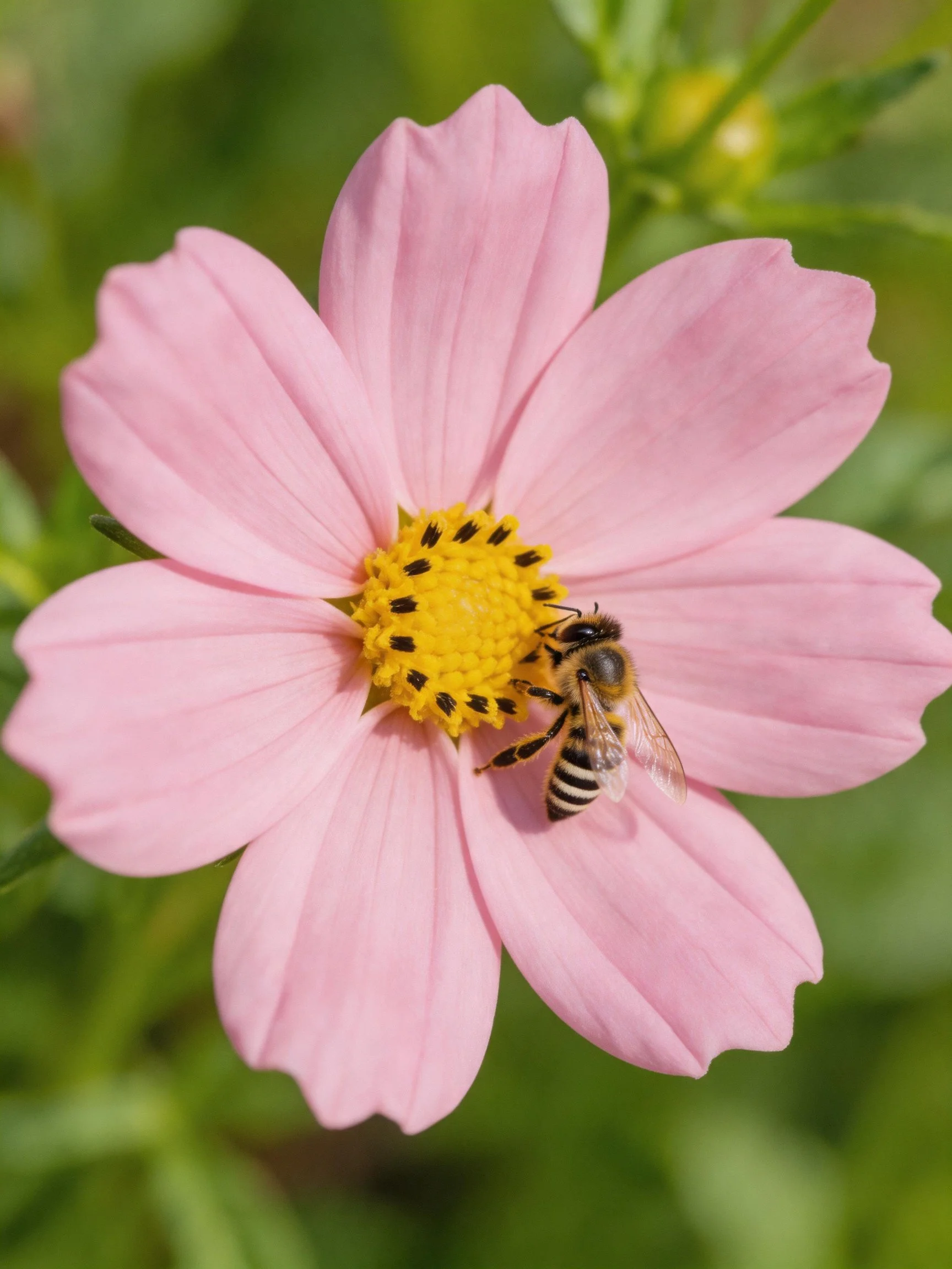 Pink cosmos flower with a bee on its yellow center