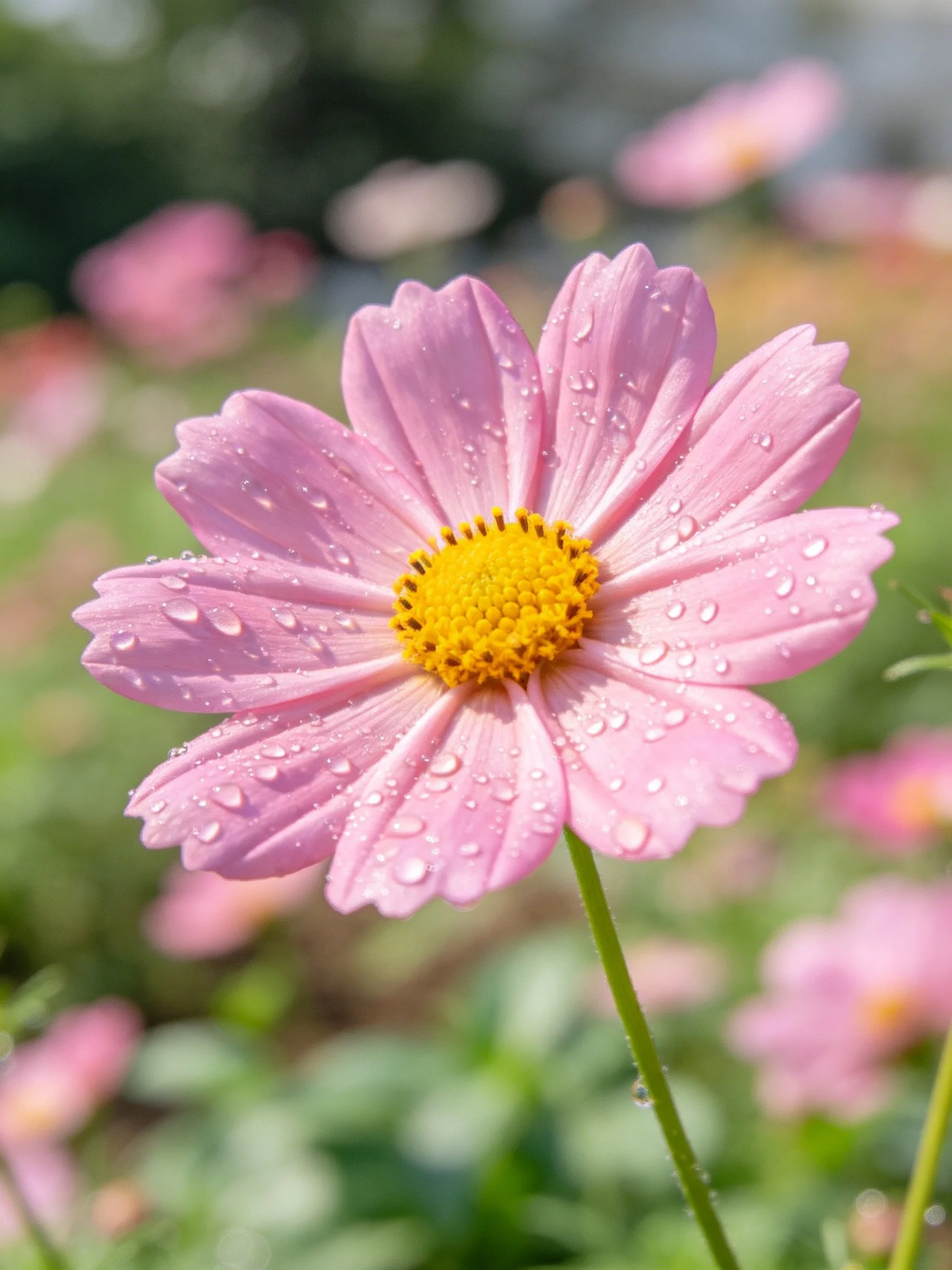 Pink cosmos flower with water droplets and yellow center