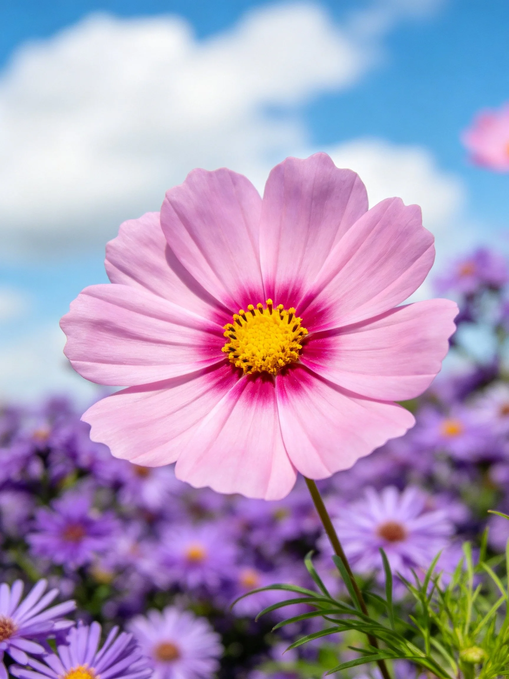 Pink cosmos flower with yellow center amid purple blooms