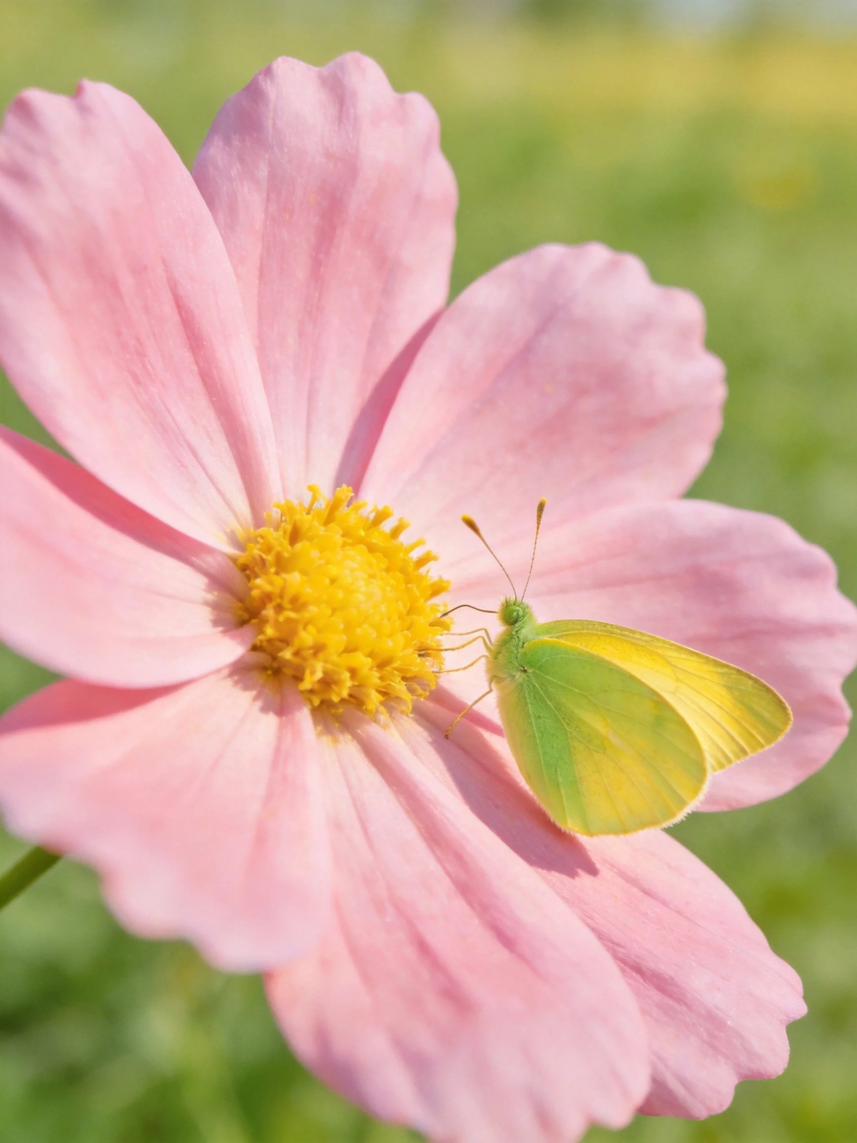 Pink cosmos flower with yellow center and green-yellow butterfly