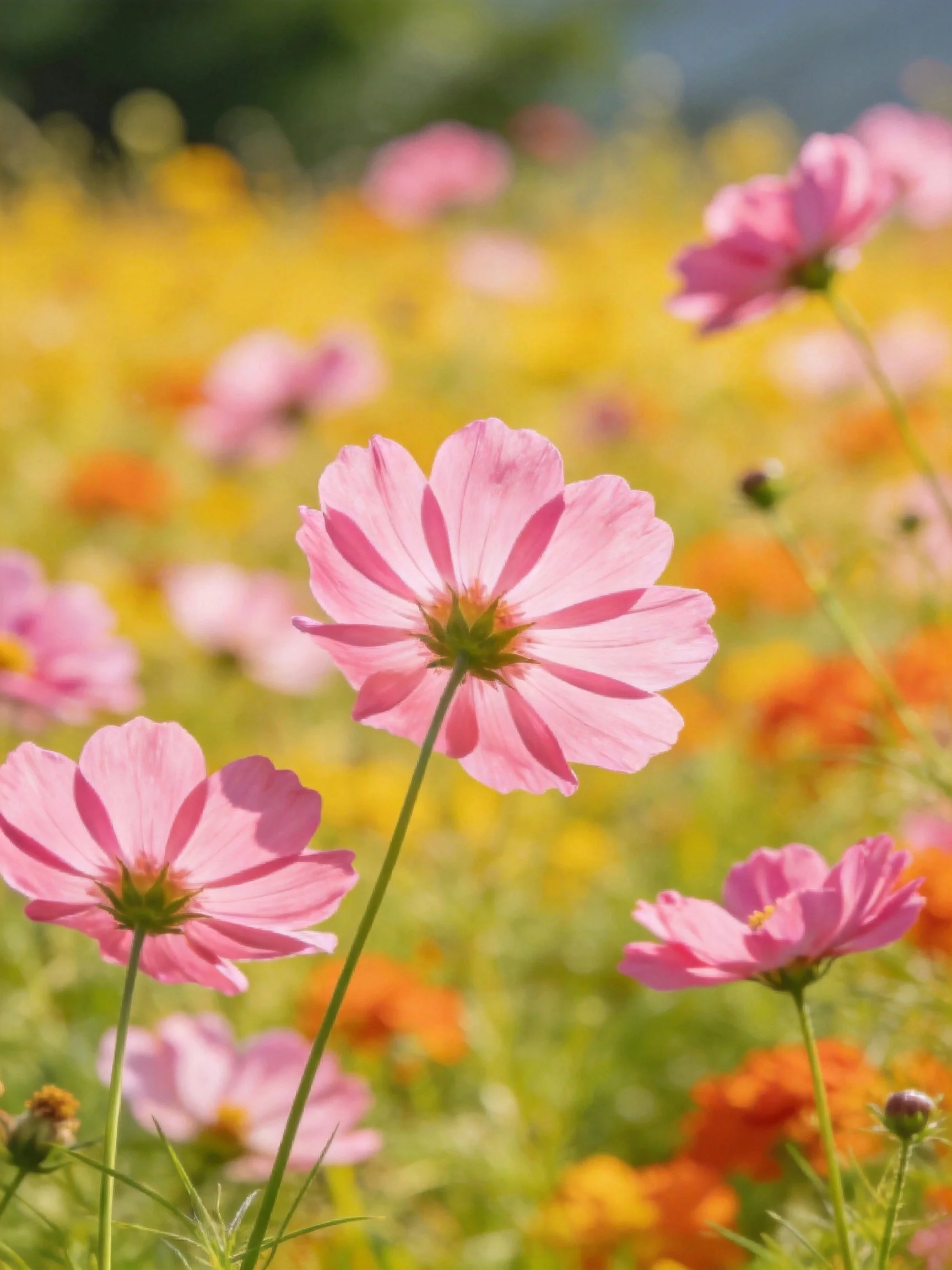Pink cosmos flowers bloom among yellow and orange wildflowers in a sunlit meadow