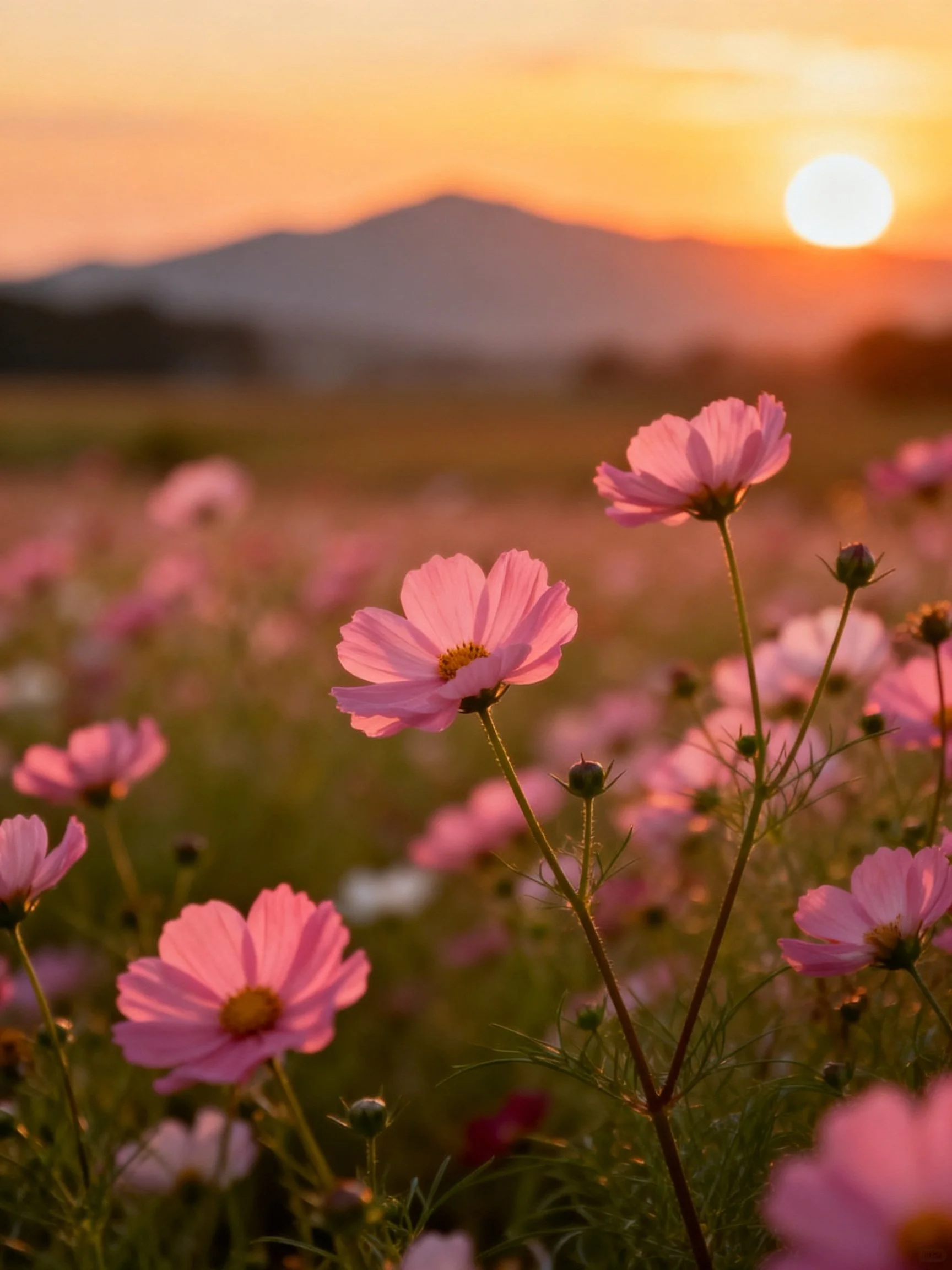 Pink cosmos flowers bloom in a sunset-lit meadow near distant mountains
