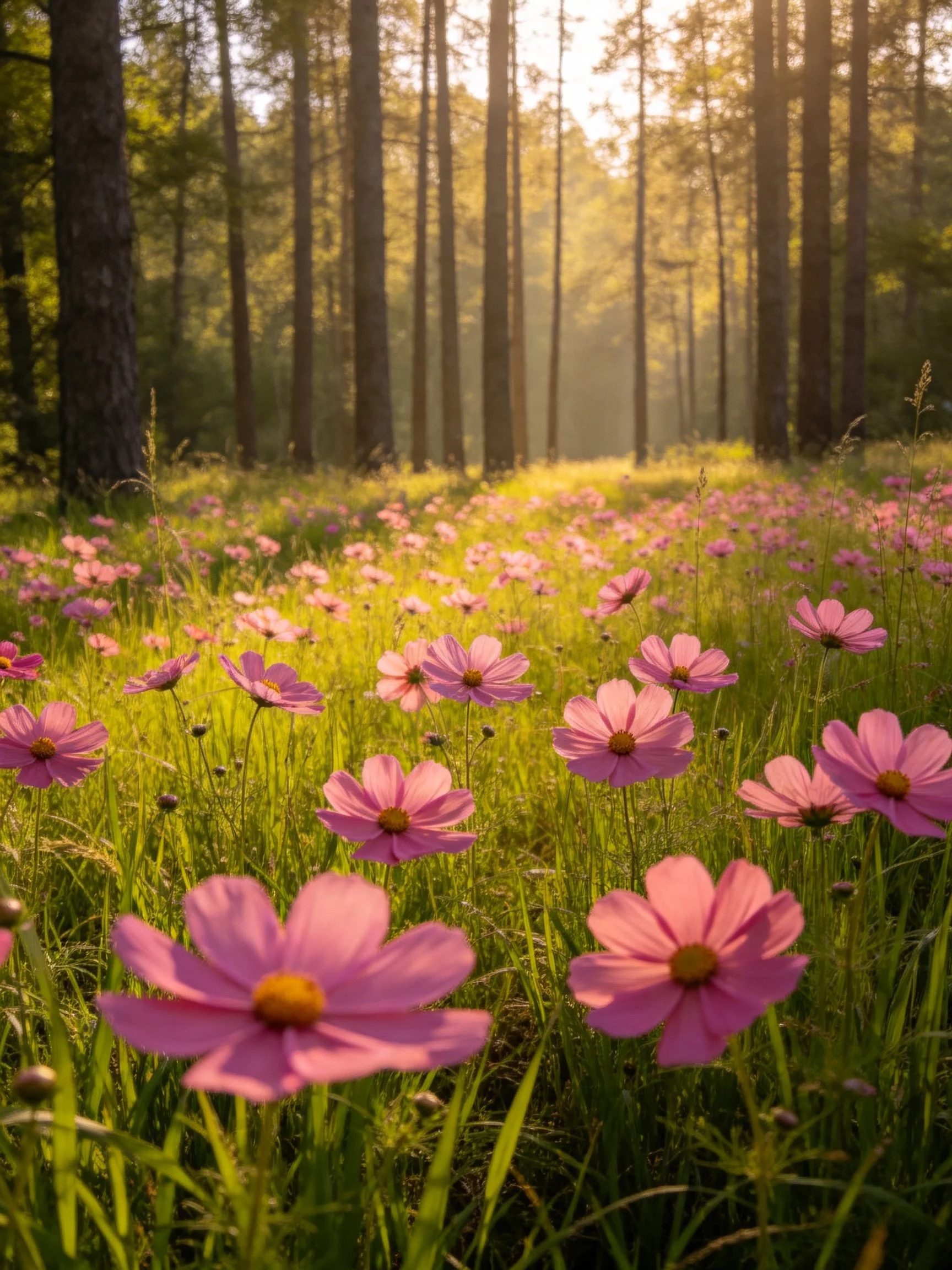 Pink cosmos flowers bloom in sunlit forest glade with tall trees