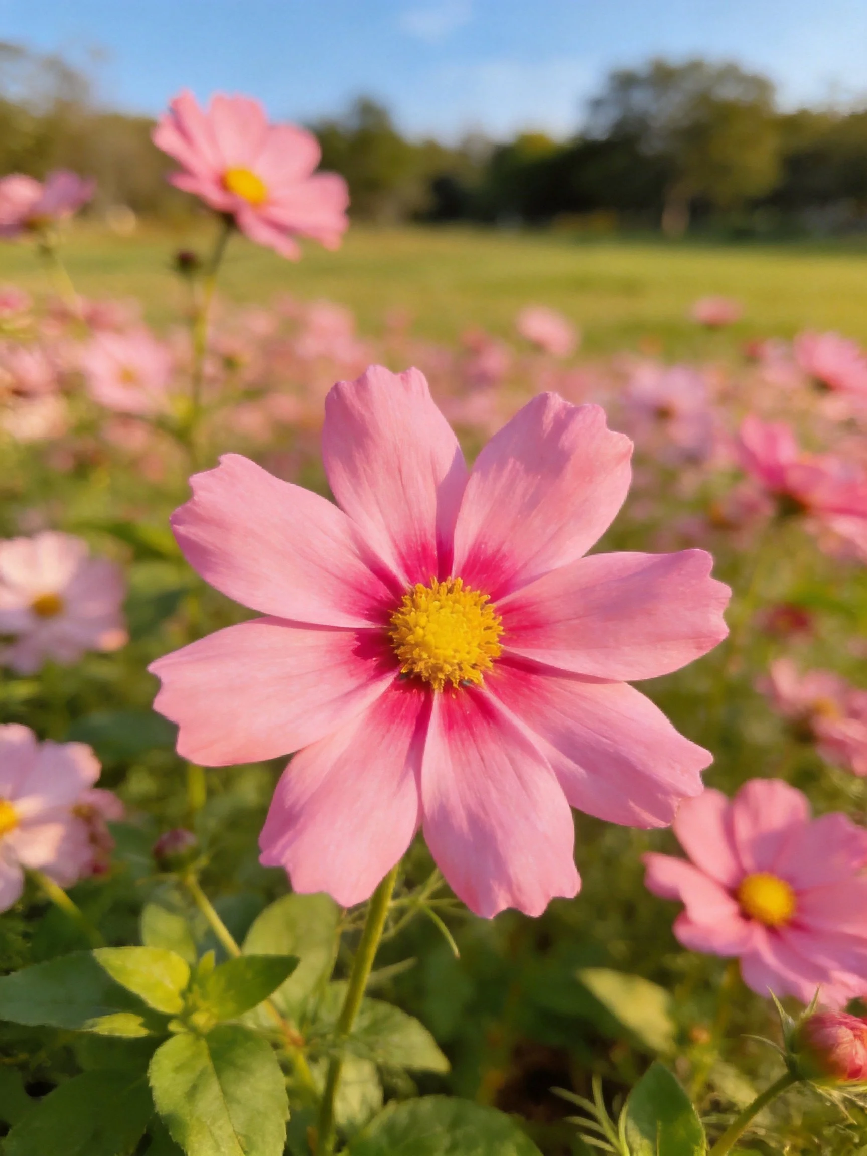 Pink cosmos flowers bloom vibrantly in a sun-drenched meadow