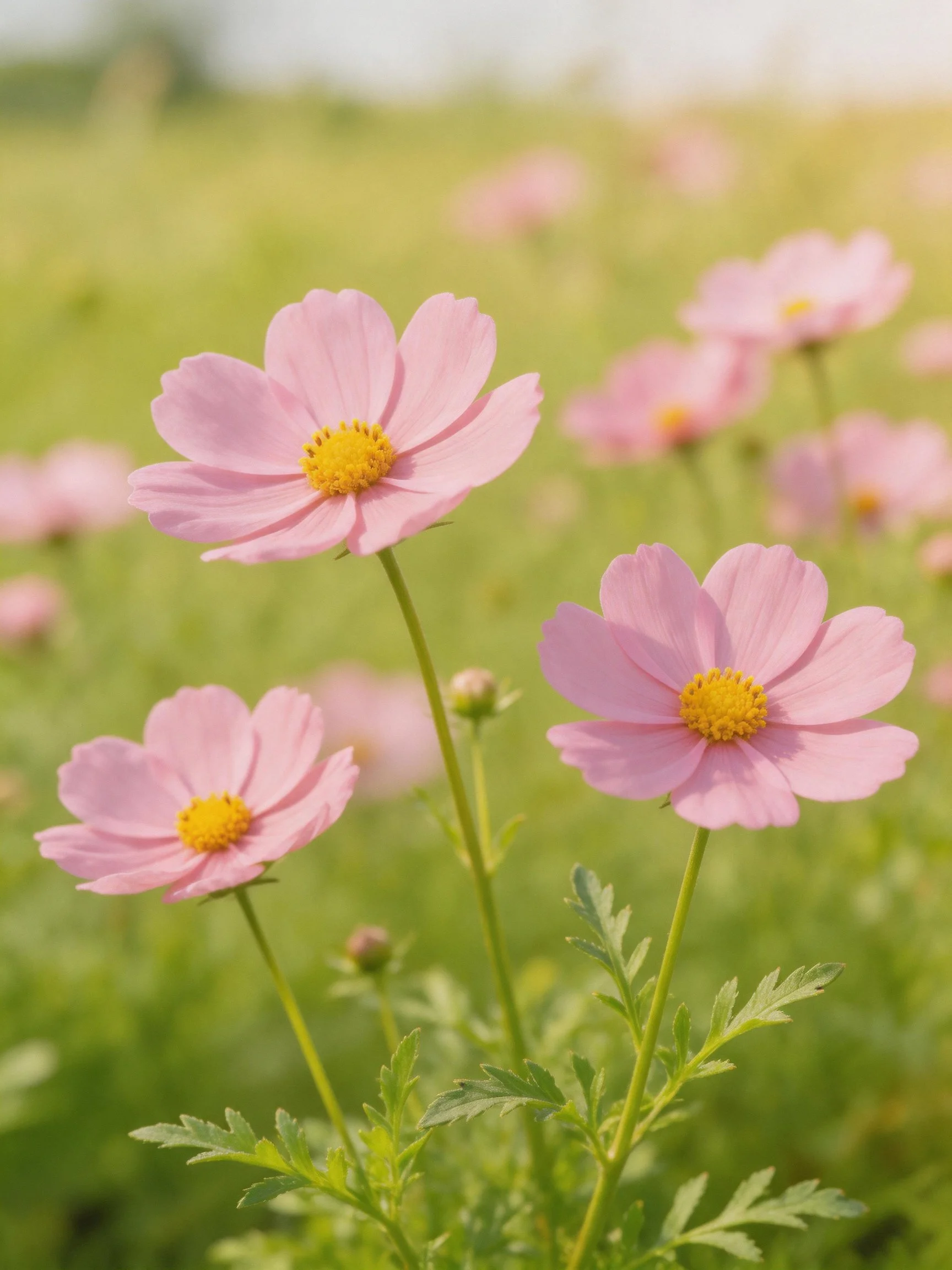 Pink cosmos flowers blooming in a sunlit green meadow