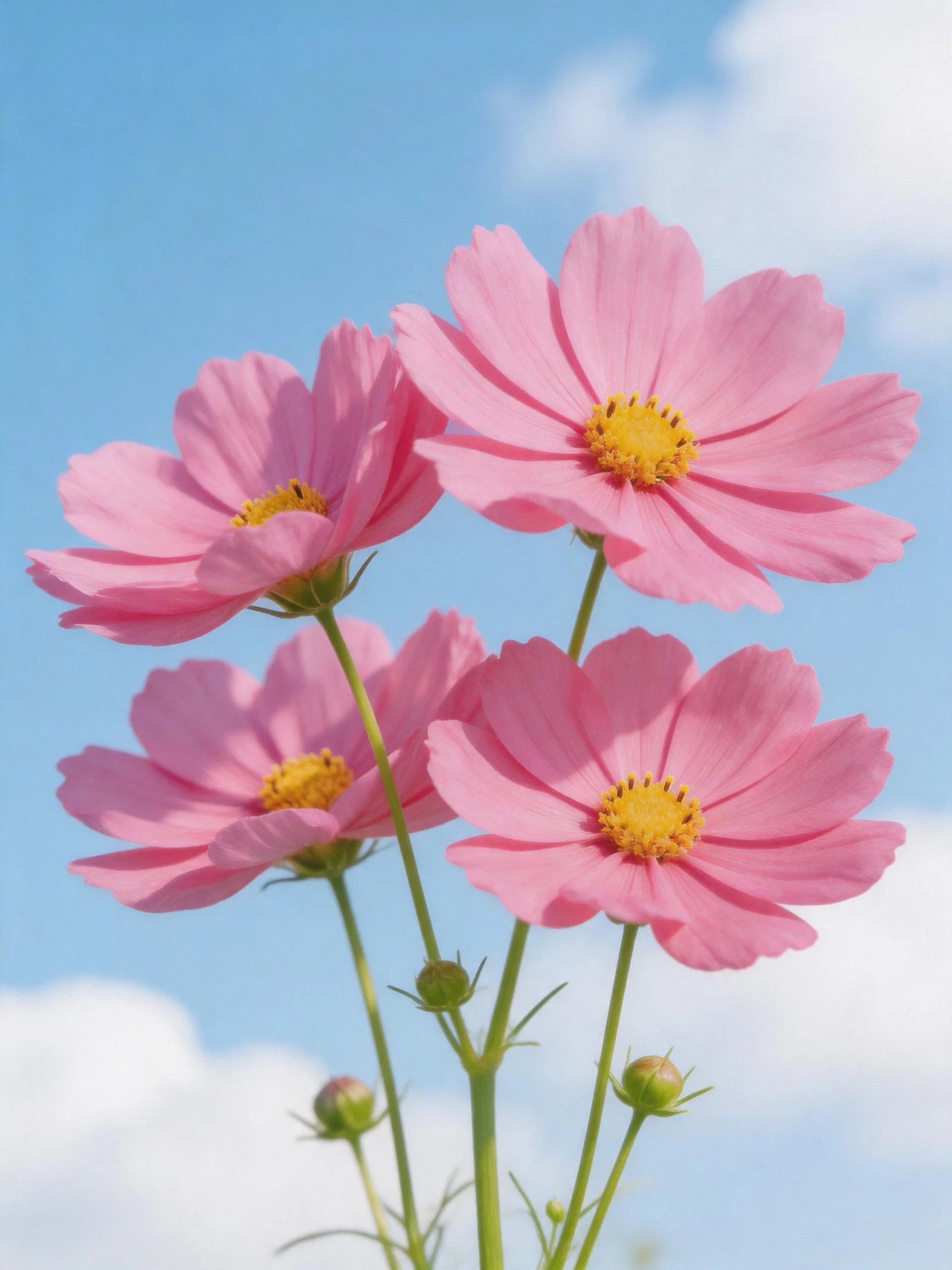 Pink cosmos flowers with yellow centers against blue sky