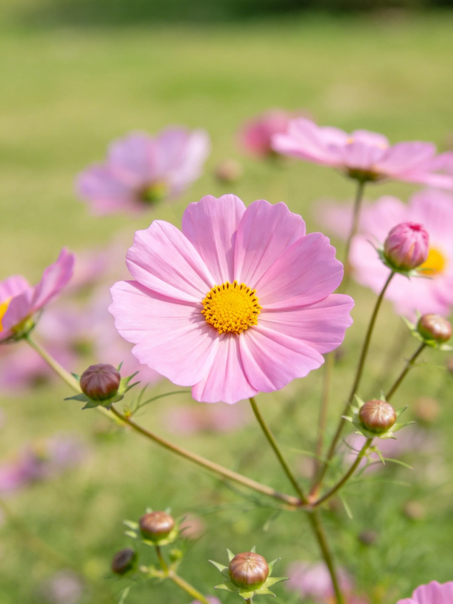 Pink cosmos flowers with yellow centers amid green foliage