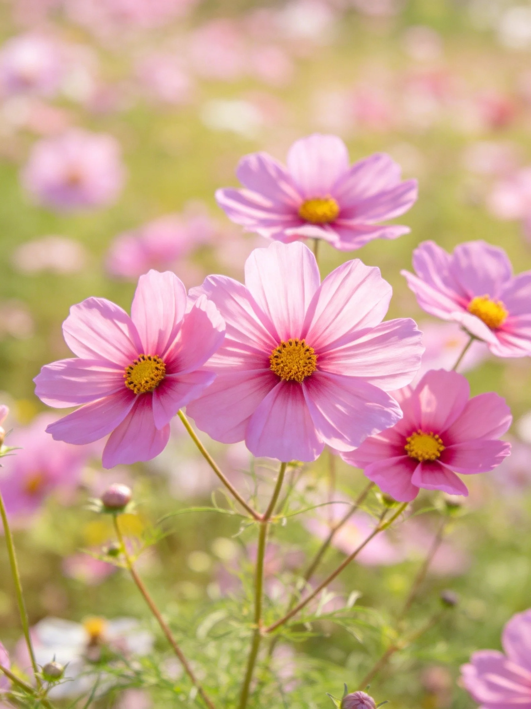 Pink cosmos flowers with yellow centers blooming in a sunlit meadow