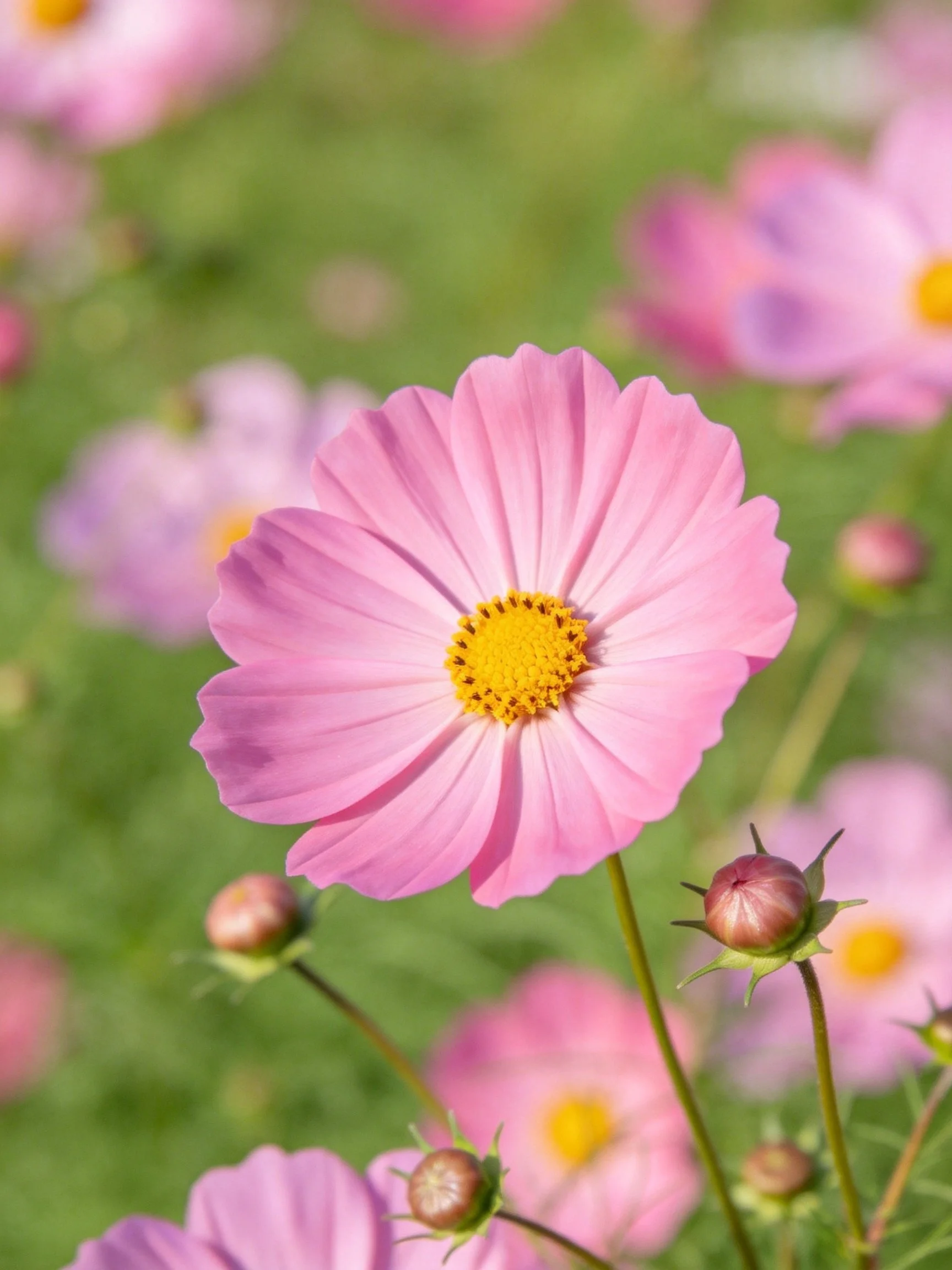 Pink cosmos flowers with yellow centers in a sunlit garden