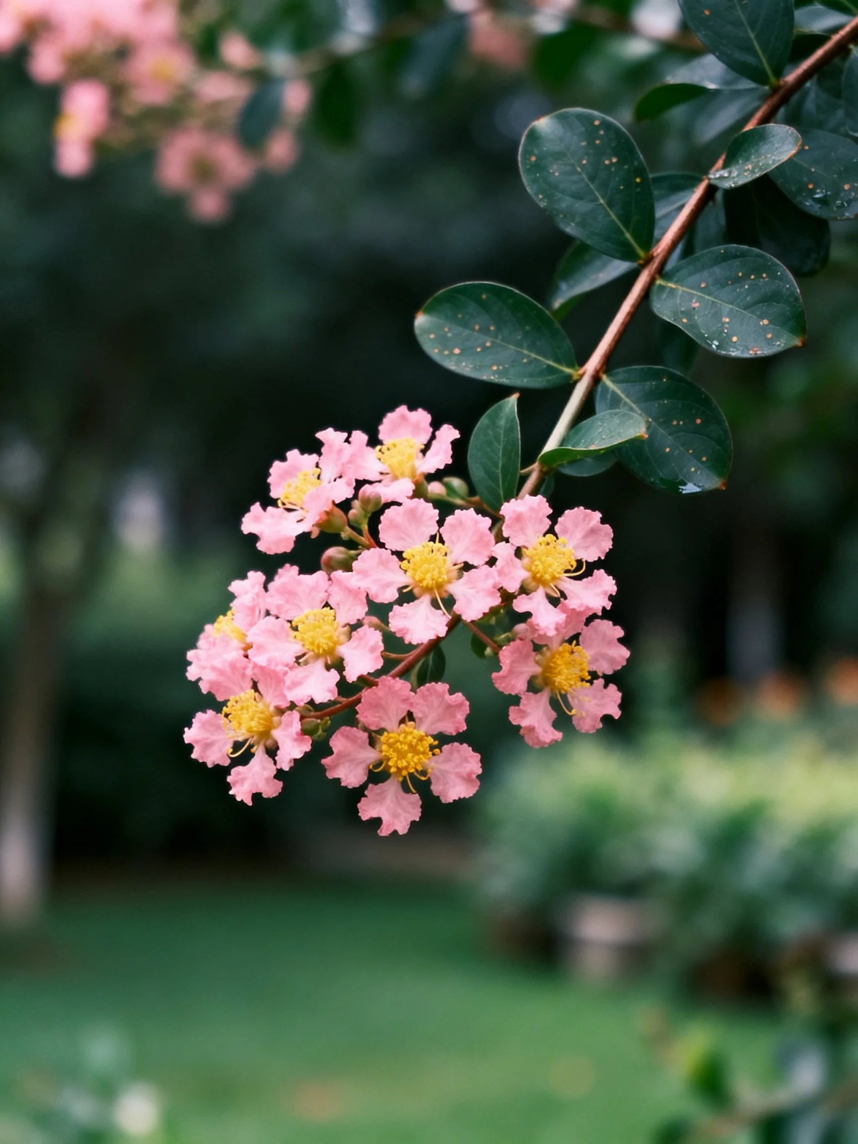 Pink crepe myrtle flowers cluster with yellow centers